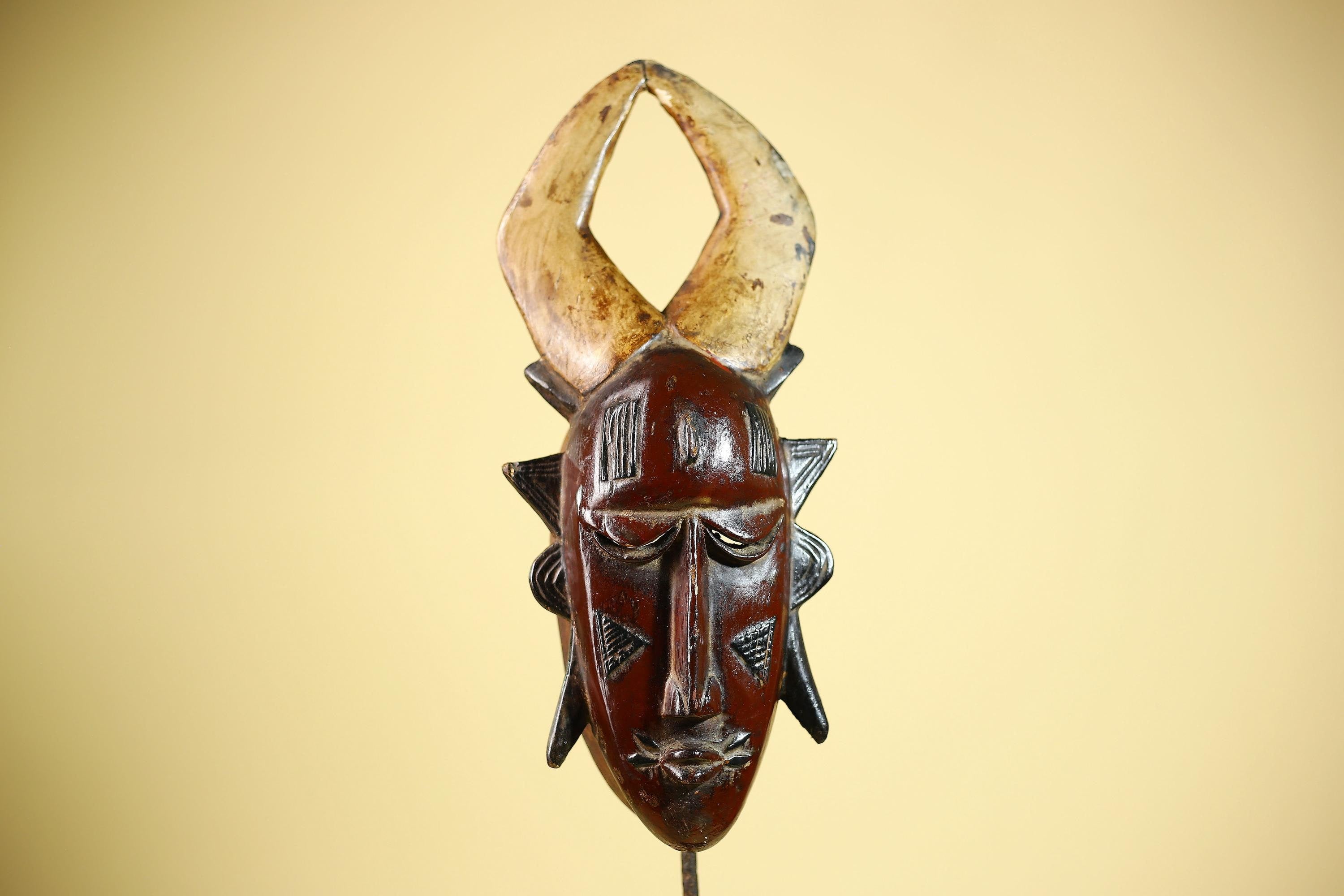 African Mask Guro Horned Vintage Tribal Art Handmade Wooden Wall Display-G6080