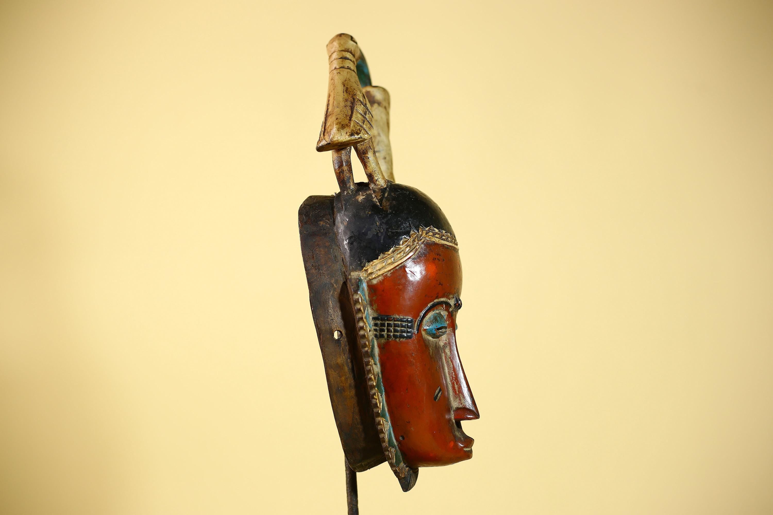 Rare African Mask Baule  Wooden Tribal Art Bird Crest Wall Decor-G6083