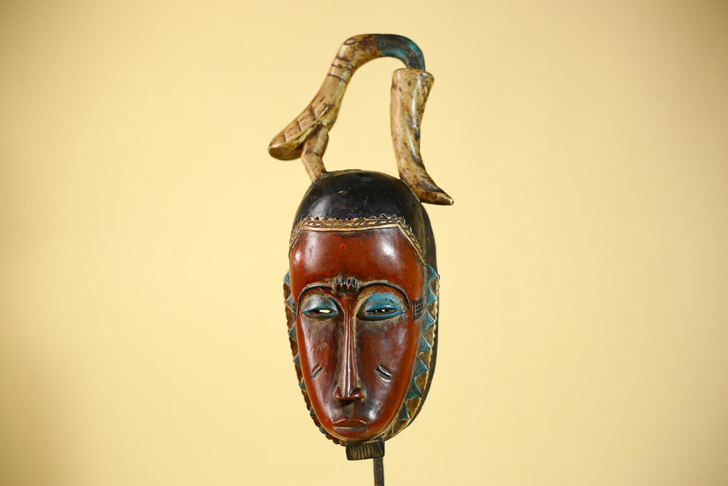 Rare African Mask Baule  Wooden Tribal Art Bird Crest Wall Decor-G6083