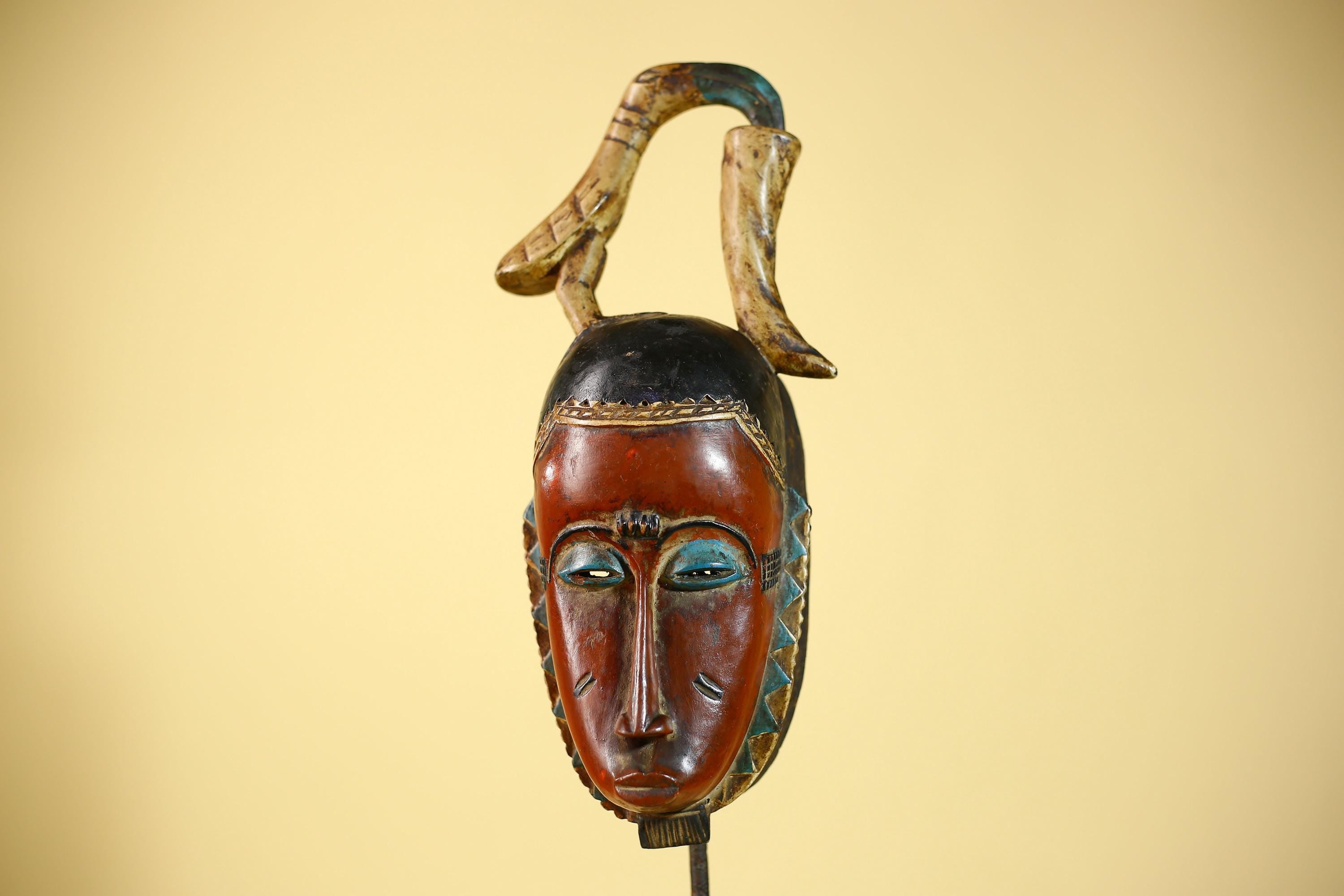 Rare African Mask Baule  Wooden Tribal Art Bird Crest Wall Decor-G6083