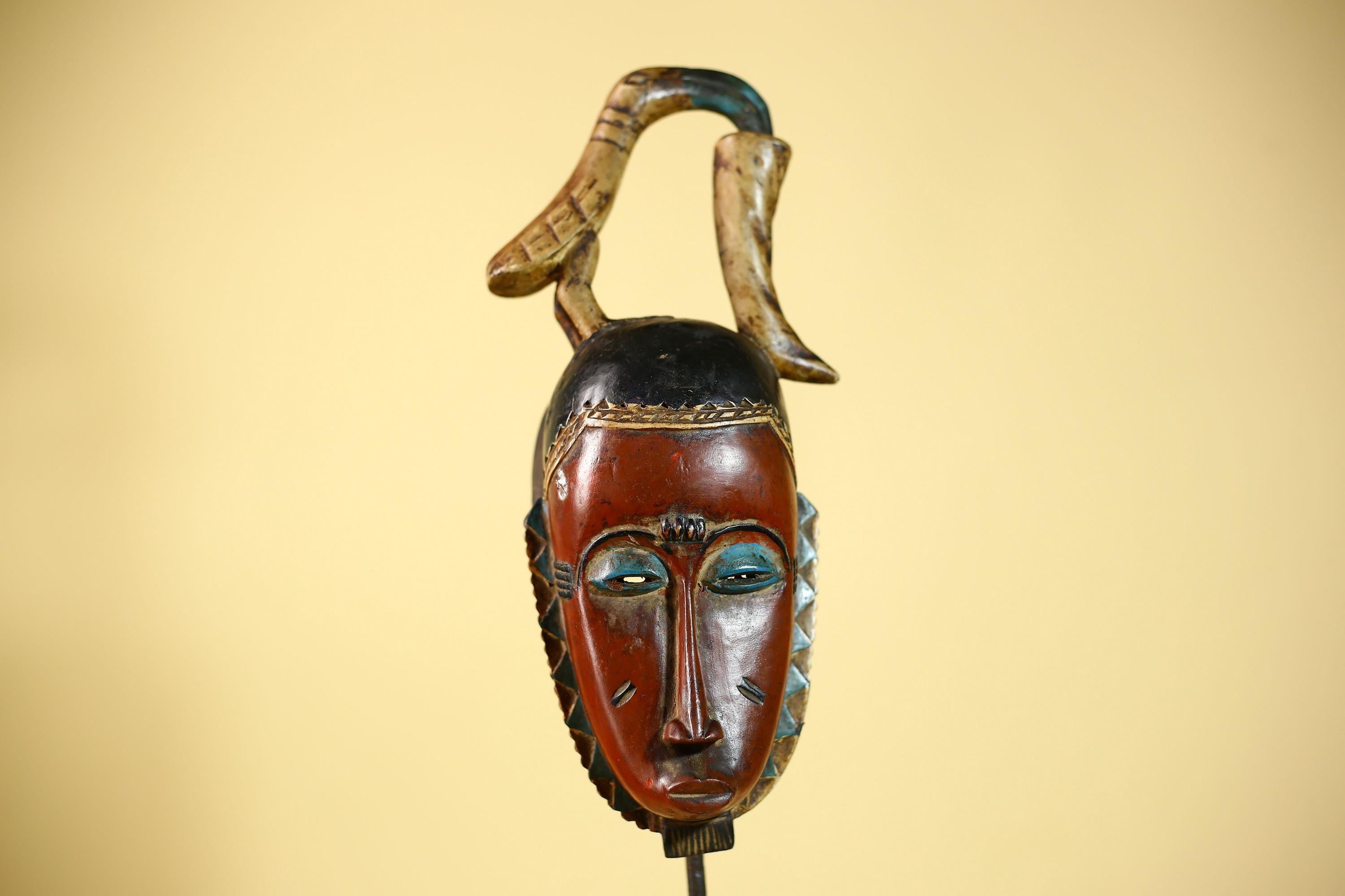 Rare African Mask Baule  Wooden Tribal Art Bird Crest Wall Decor-G6083