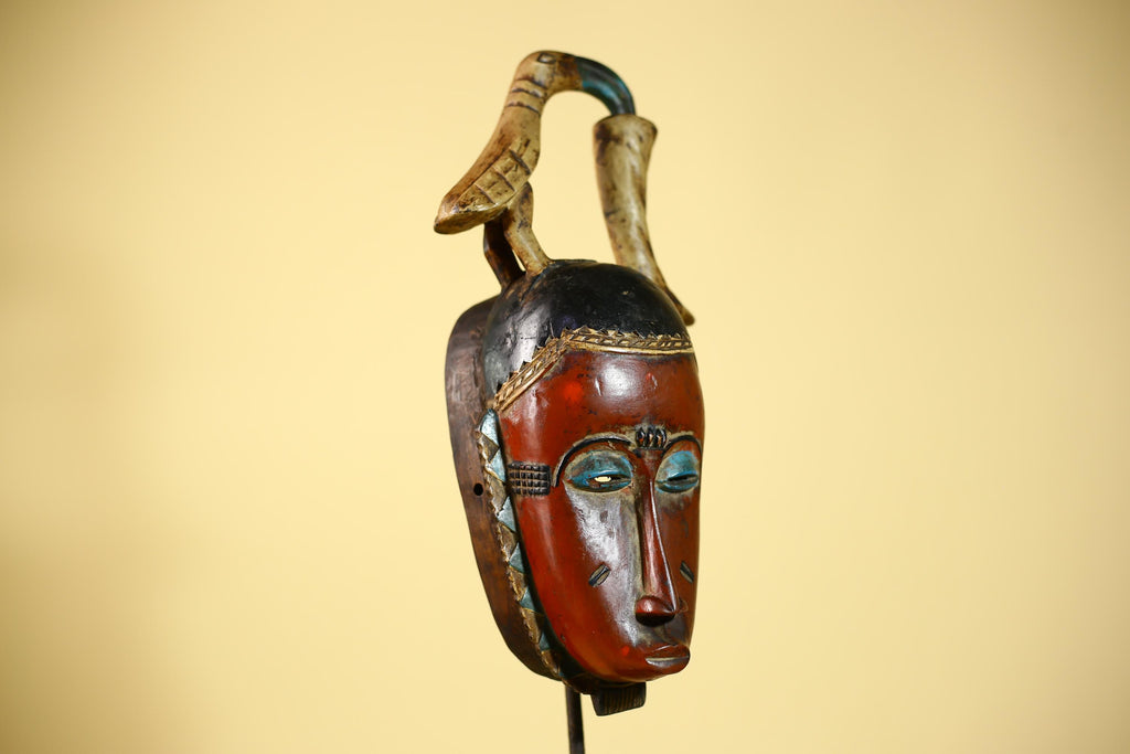 Rare African Mask Baule  Wooden Tribal Art Bird Crest Wall Decor-G6083