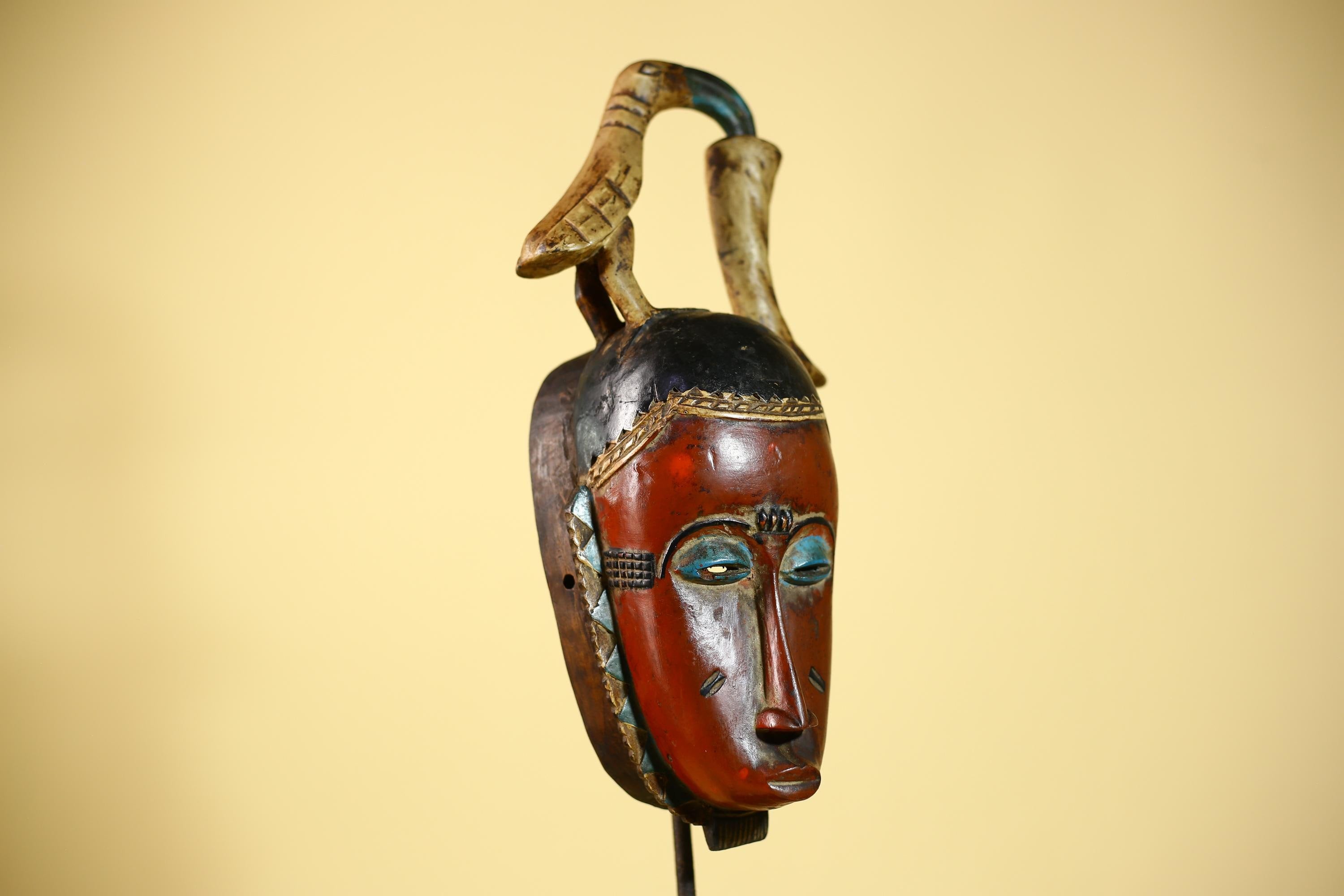 Rare African Mask Baule  Wooden Tribal Art Bird Crest Wall Decor-G6083