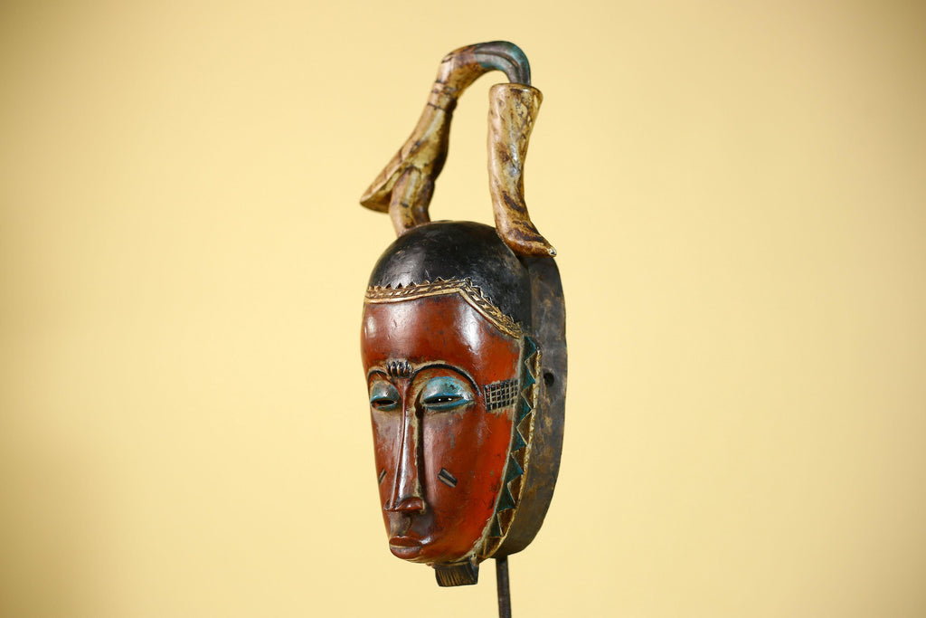 Rare African Mask Baule  Wooden Tribal Art Bird Crest Wall Decor-G6083