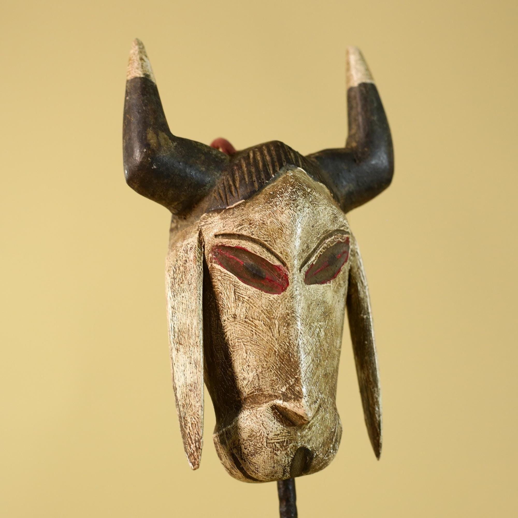 African Horned Senufo Mask-Hand Carved Wood Tribal Art Vintage Wall Decor-G6193
