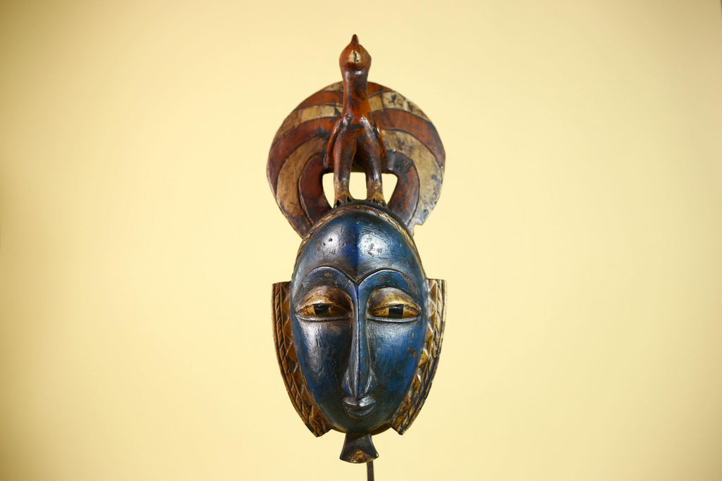 Handmade African Blue Guro Mask Bird Crest Carved Wood Tribal Wall Decor-G6089