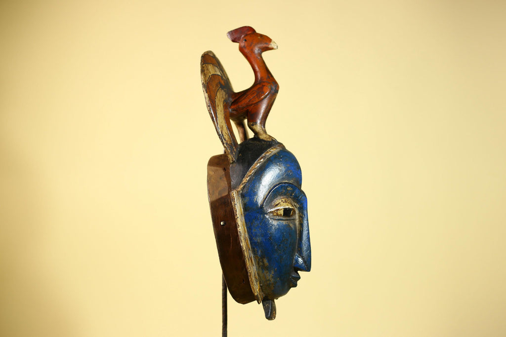 Handmade African Blue Guro Mask Bird Crest Carved Wood Tribal Wall Decor-G6089