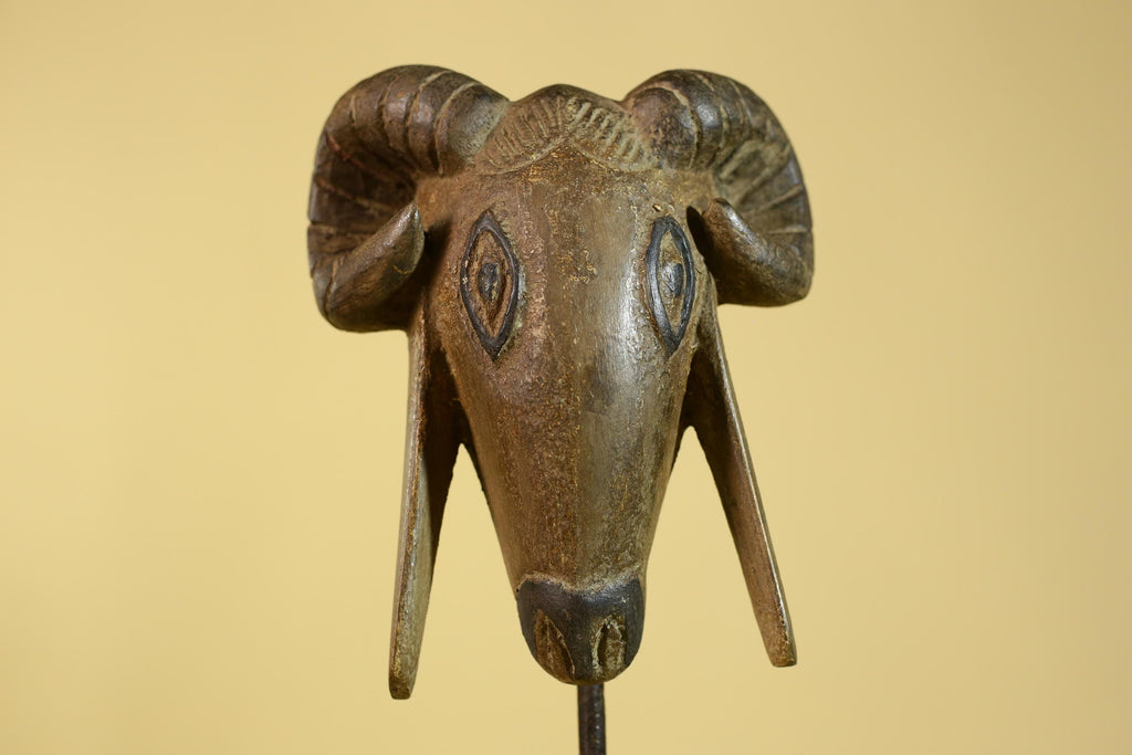 Antique African Wooden Ram Mask- Head Tribal Animal Art Carved Decor-G6199