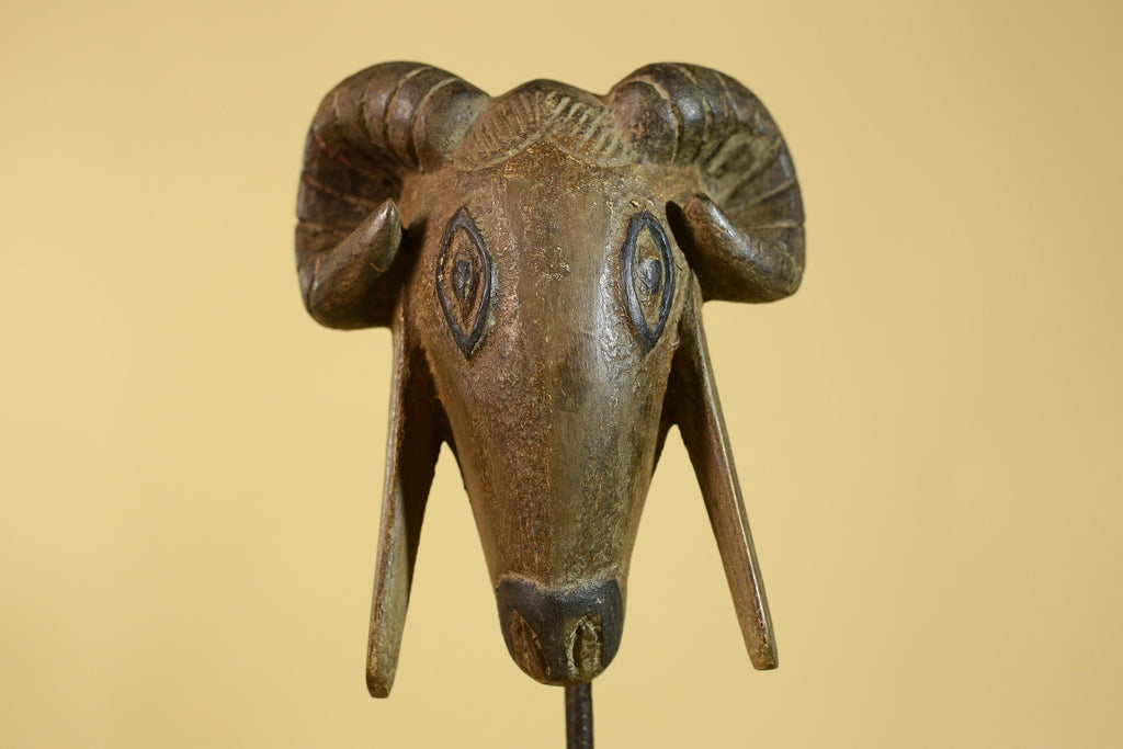 Antique African Wooden Ram Mask- Head Tribal Animal Art Carved Decor-G6199