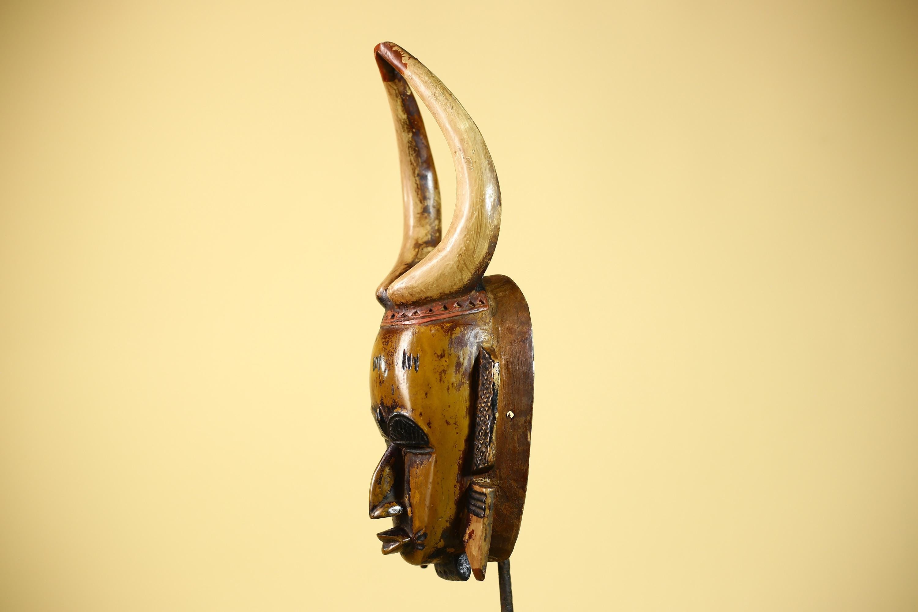 African Mask Wooden Art Horned Tribal Wall Decor Handmade Vintage-G6101