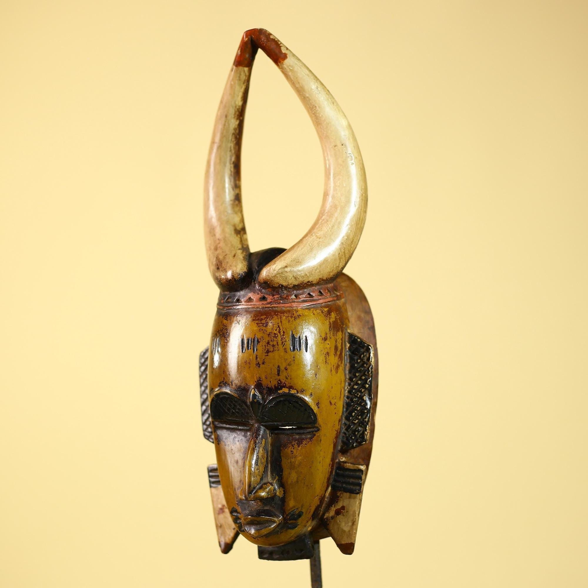 African Mask Wooden Art Horned Tribal Wall Decor Handmade Vintage-G6101