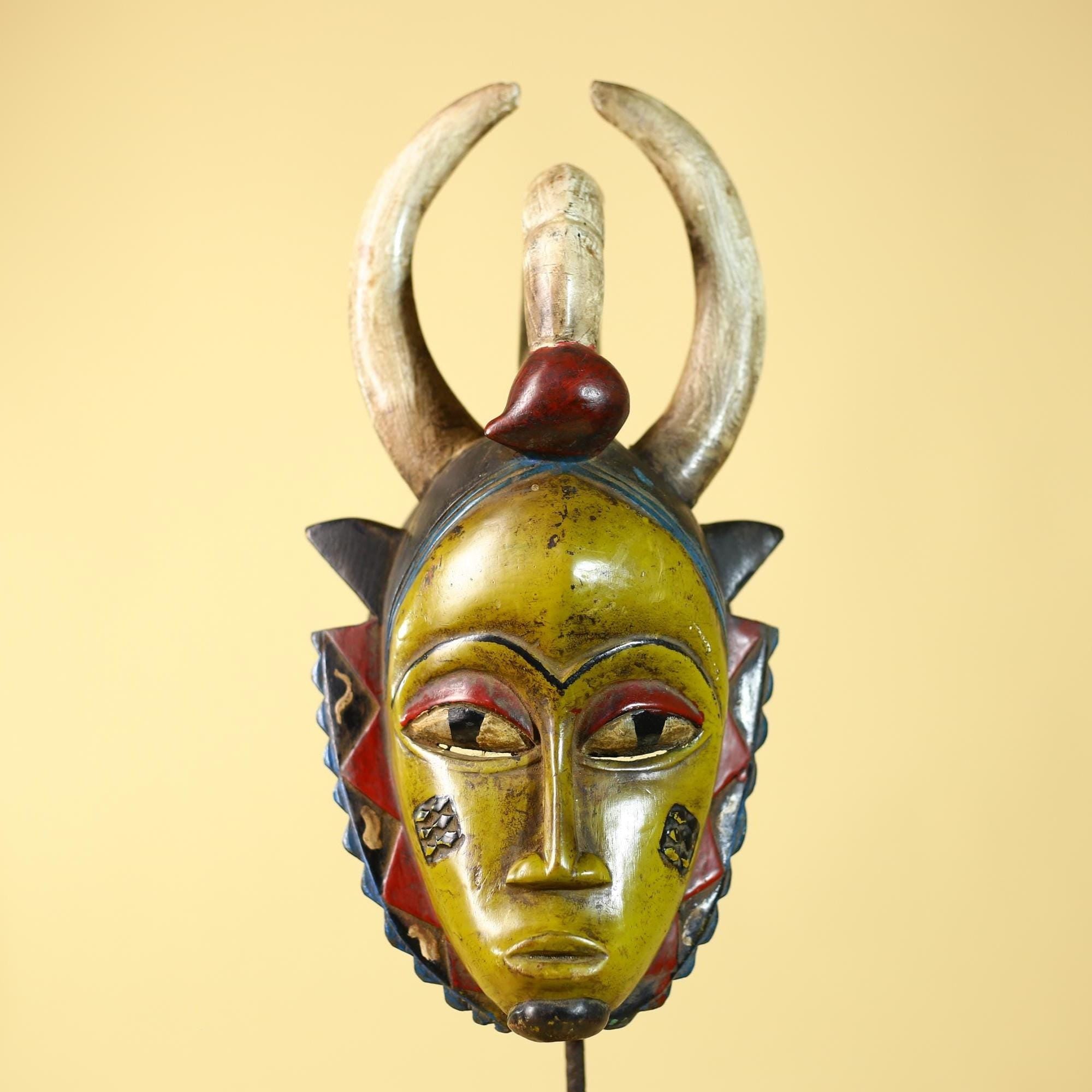 African Mask Baule Unique Carved Wood Art Vintage Tribal Wall Decor-G6108
