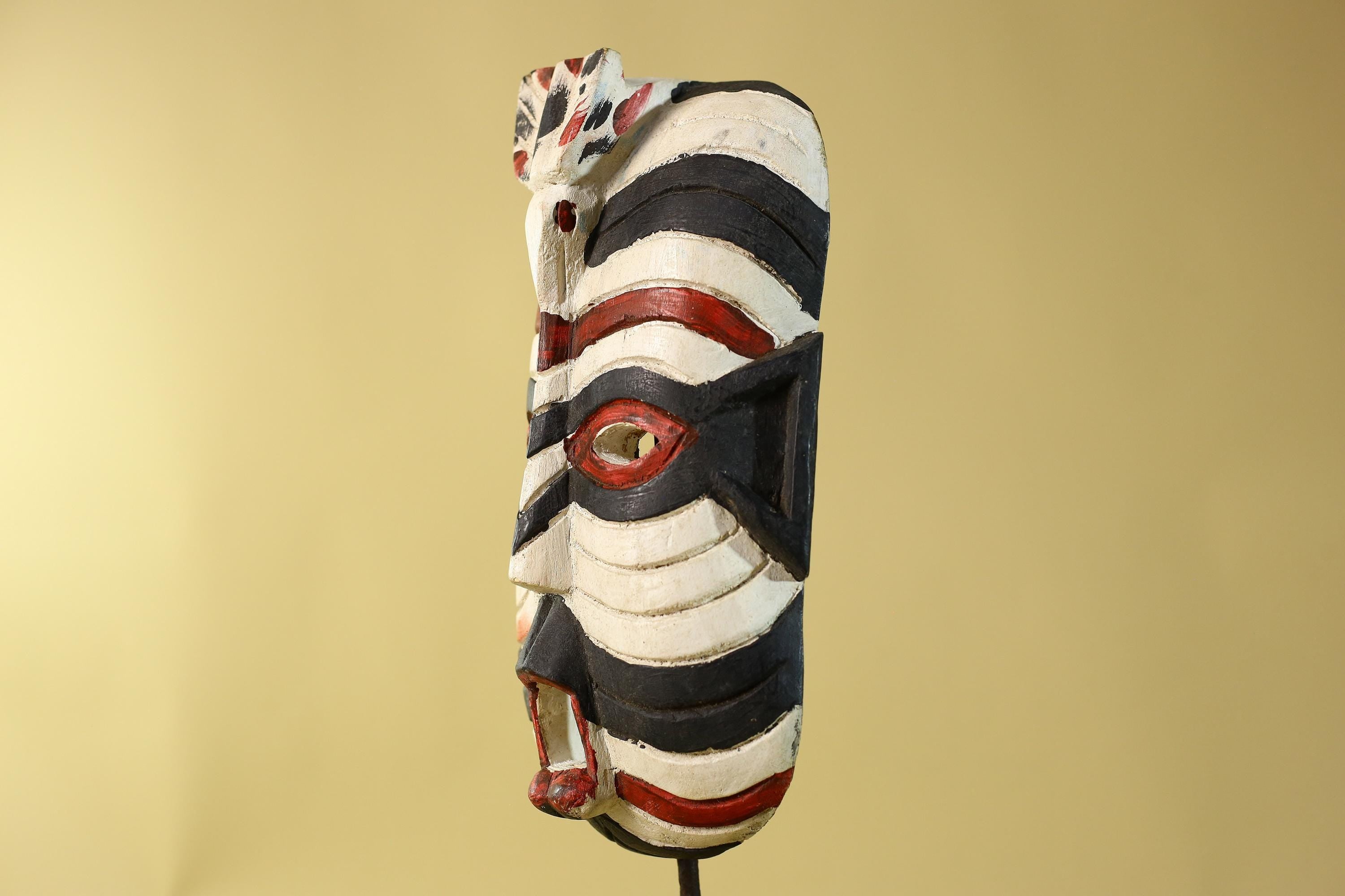 African Tribal Wall Art Kifwebe Mask, Songye Congo Striped Carved Wood-G6206