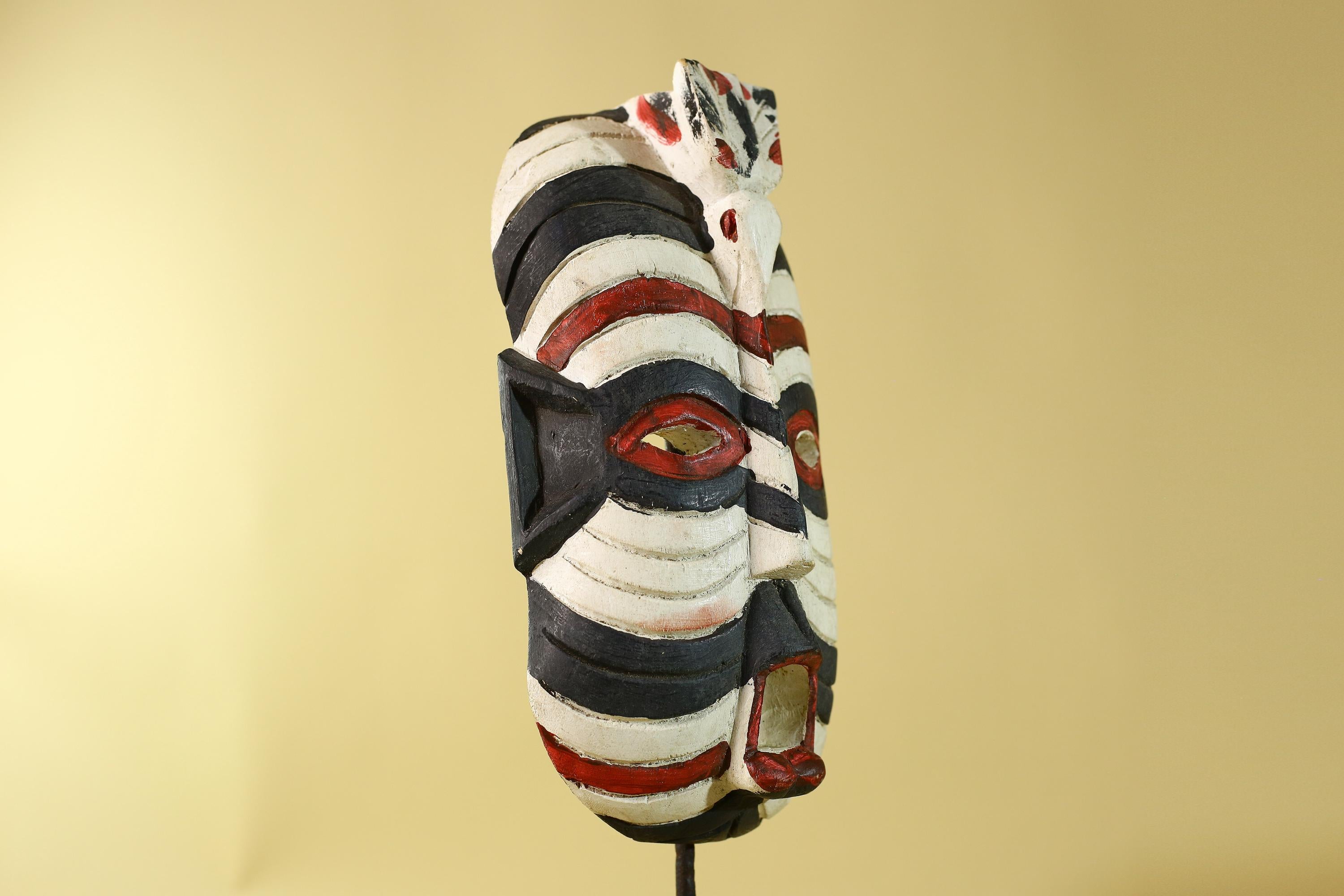 African Tribal Wall Art Kifwebe Mask, Songye Congo Striped Carved Wood-G6206