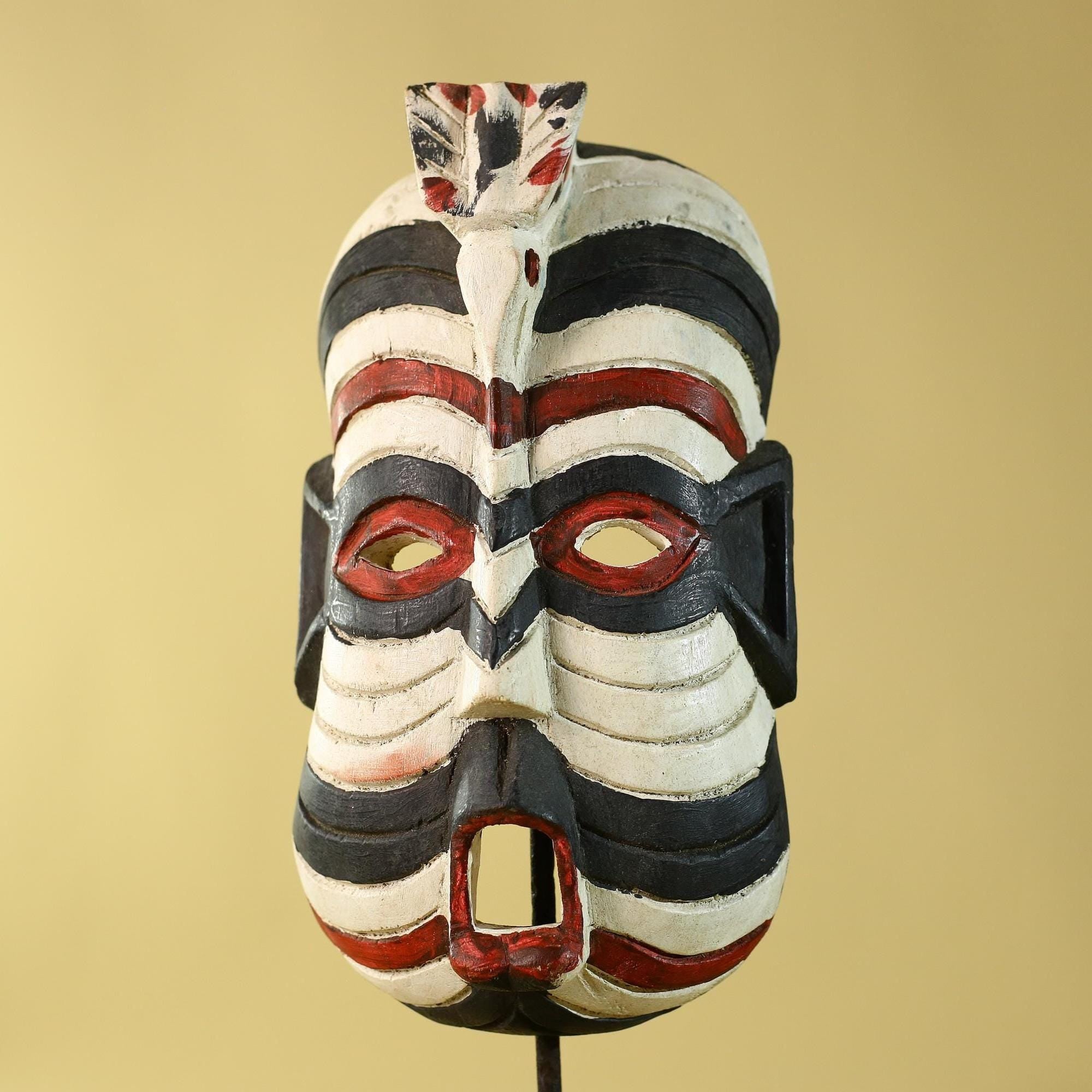 African Tribal Wall Art Kifwebe Mask, Songye Congo Striped Carved Wood-G6206