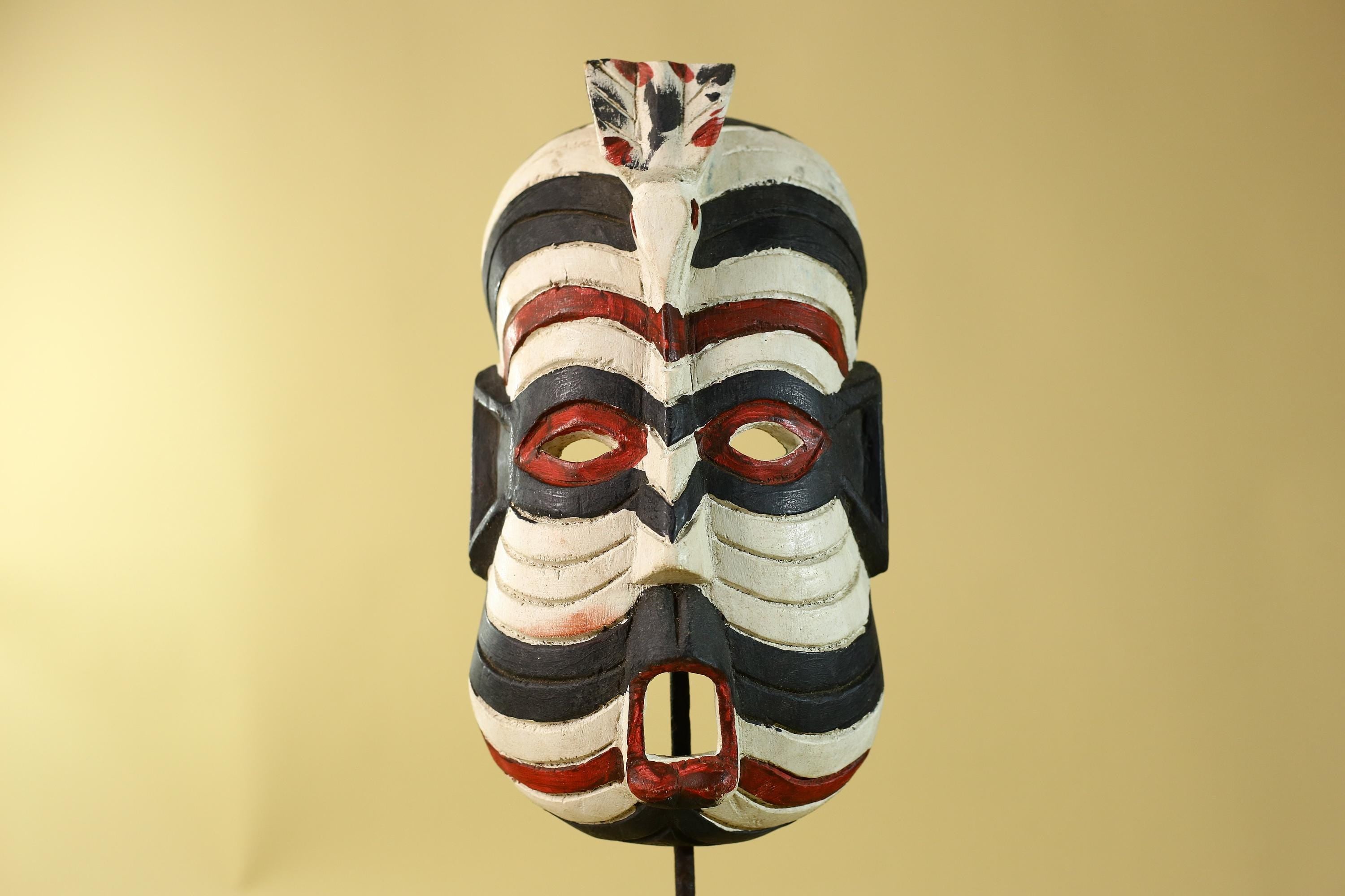 African Tribal Wall Art Kifwebe Mask, Songye Congo Striped Carved Wood-G6206