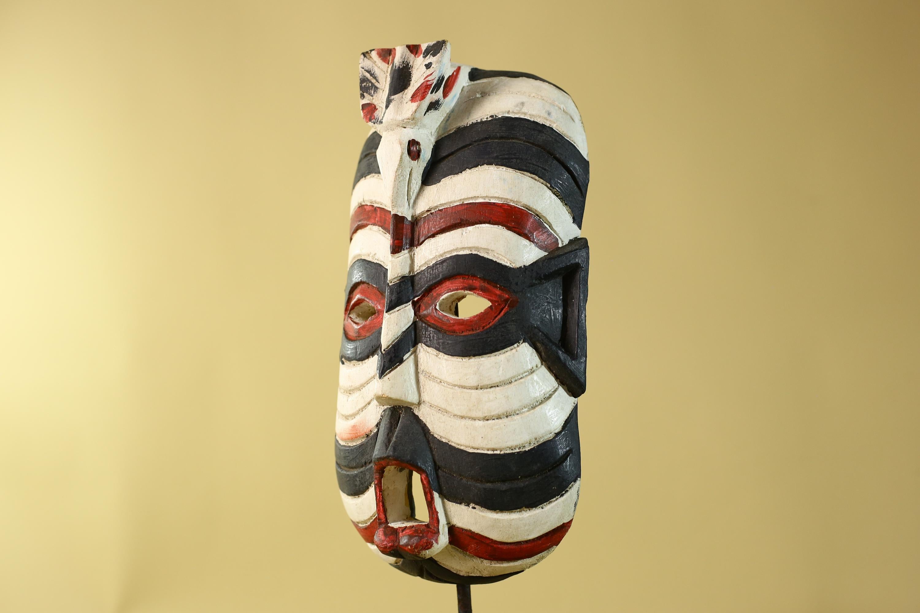 African Tribal Wall Art Kifwebe Mask, Songye Congo Striped Carved Wood-G6206