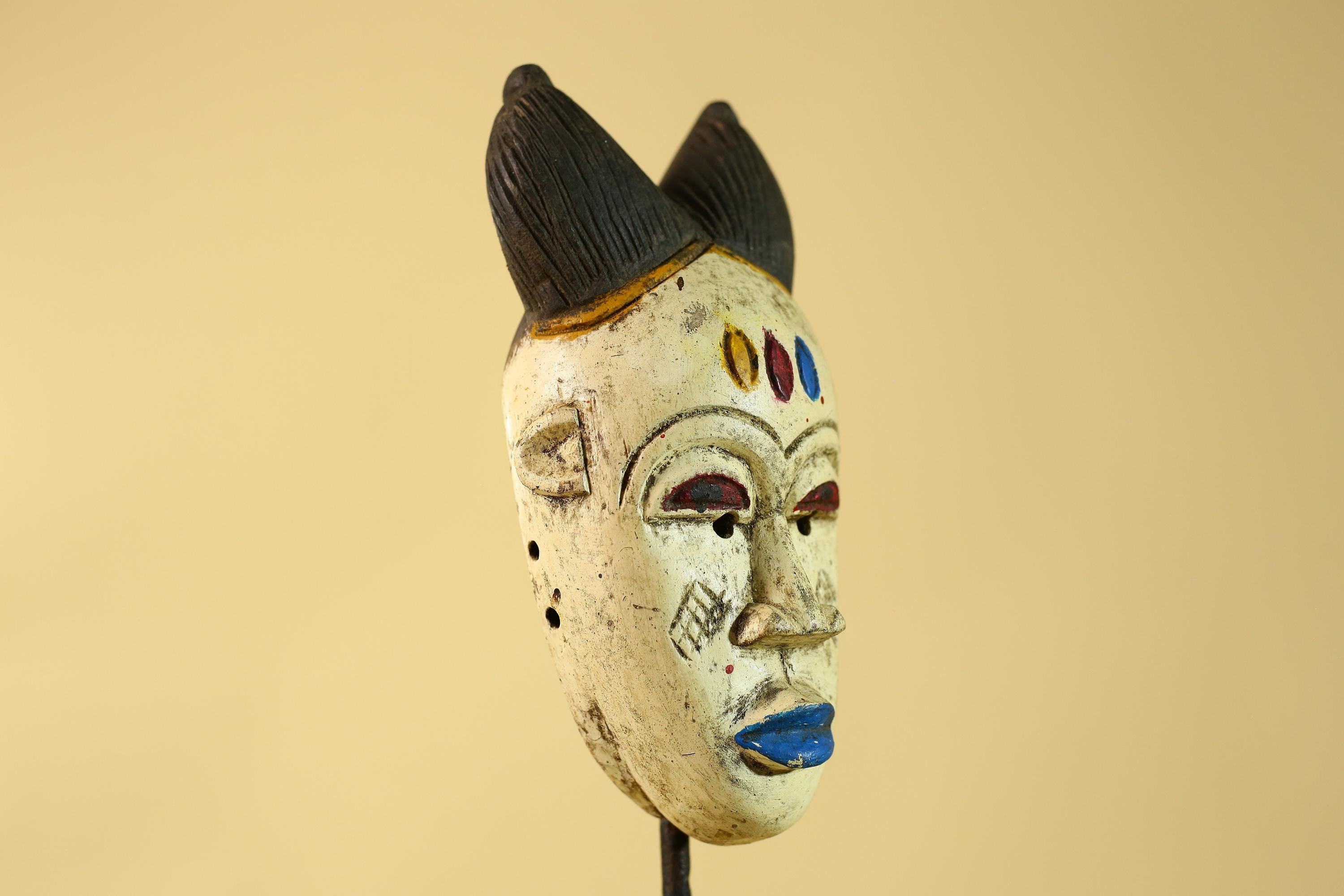 African Tribal Baule Face Mask- Hand Carved Painted Wood Wall Art-G6212
