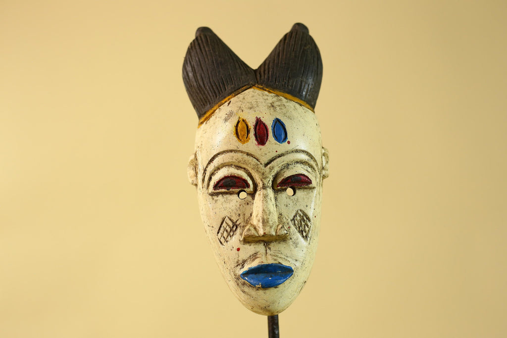 African Tribal Baule Face Mask- Hand Carved Painted Wood Wall Art-G6212
