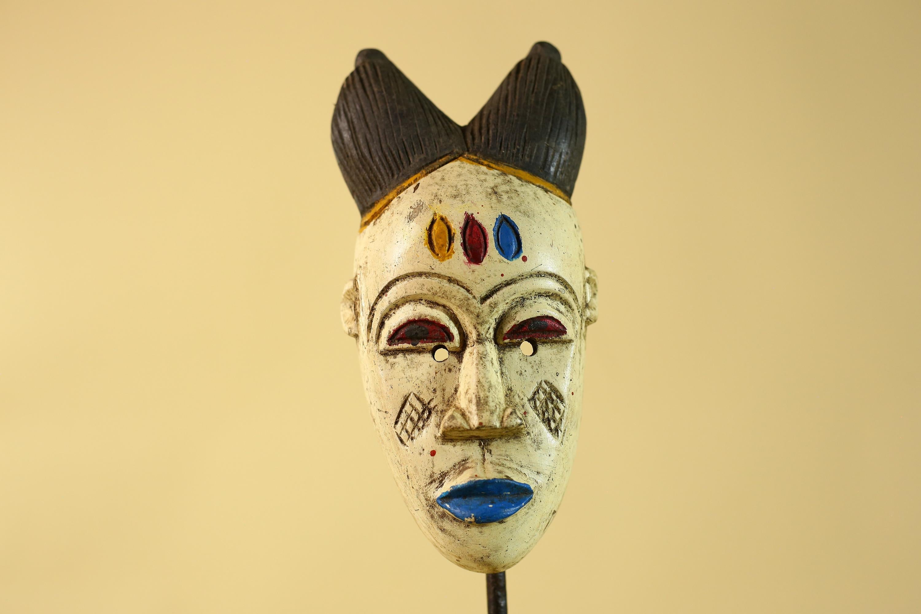 African Tribal Baule Face Mask- Hand Carved Painted Wood Wall Art-G6212