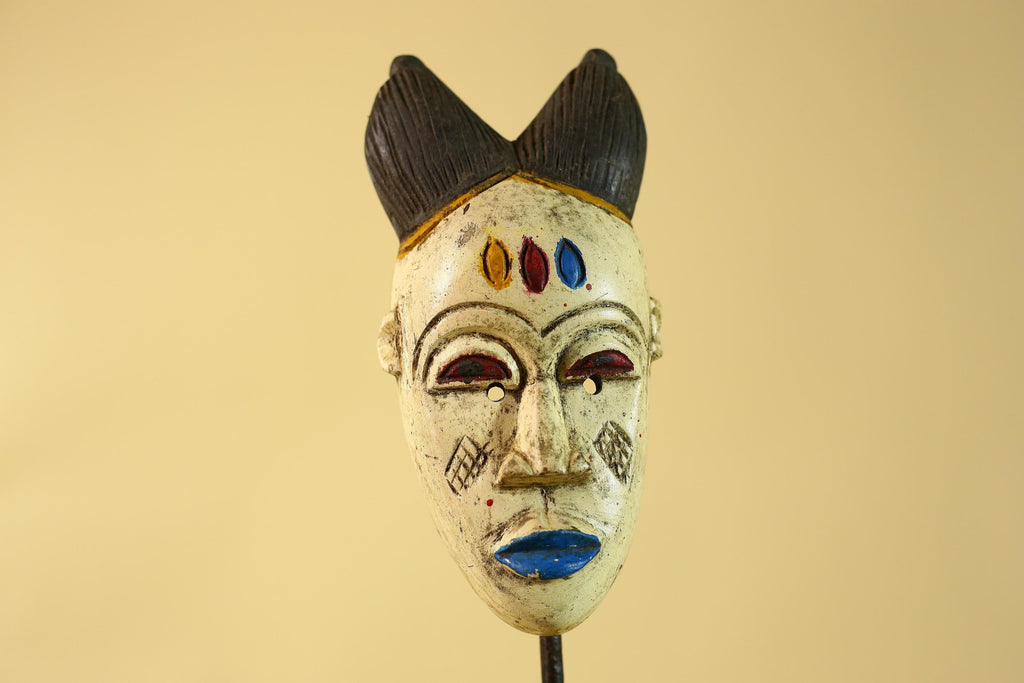 African Tribal Baule Face Mask- Hand Carved Painted Wood Wall Art-G6212