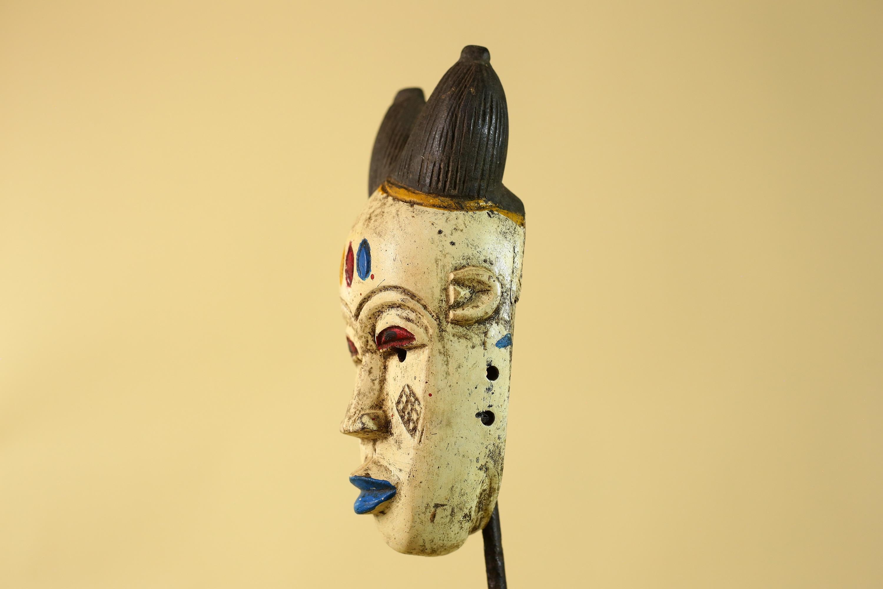African Tribal Baule Face Mask- Hand Carved Painted Wood Wall Art-G6212