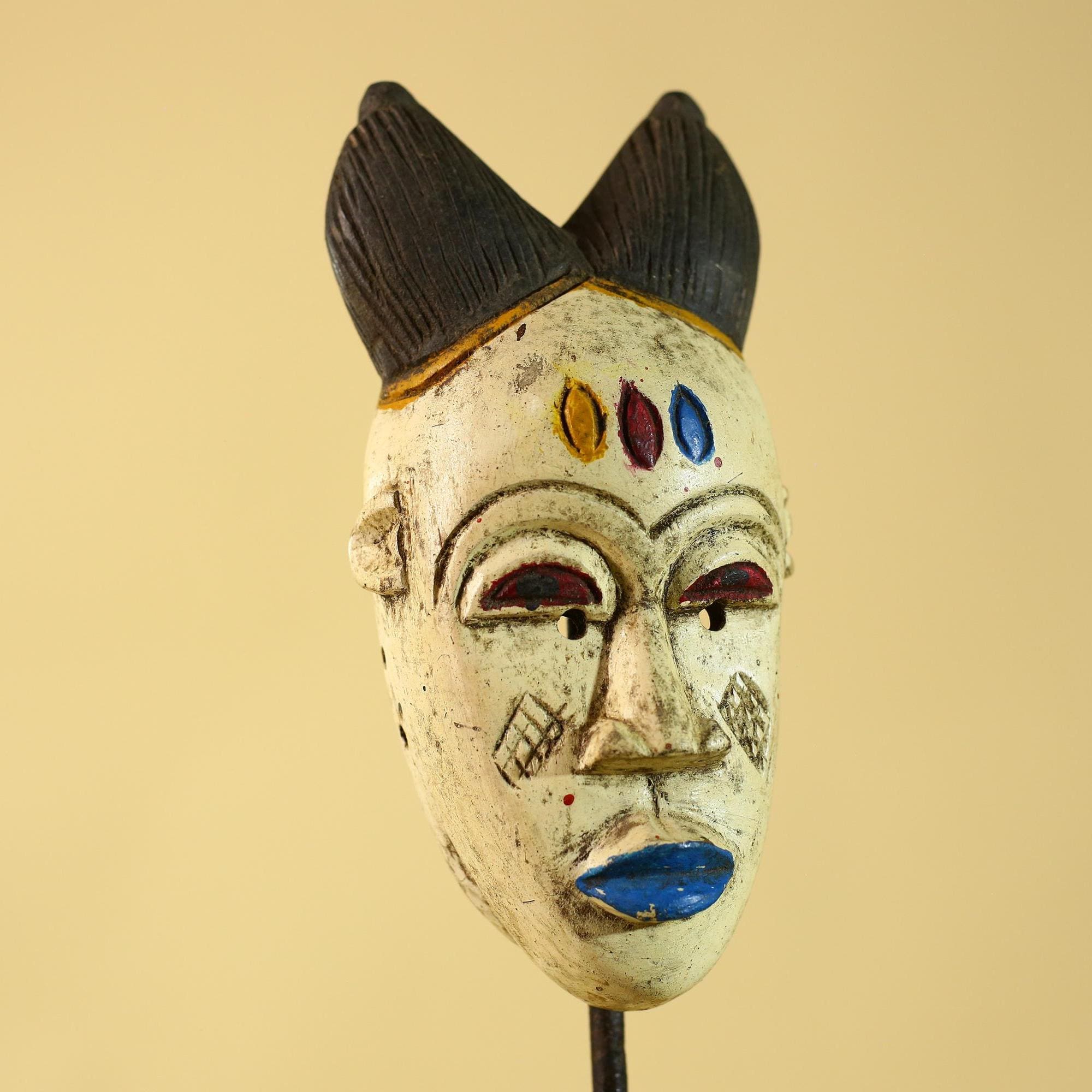 African Tribal Baule Face Mask- Hand Carved Painted Wood Wall Art-G6212