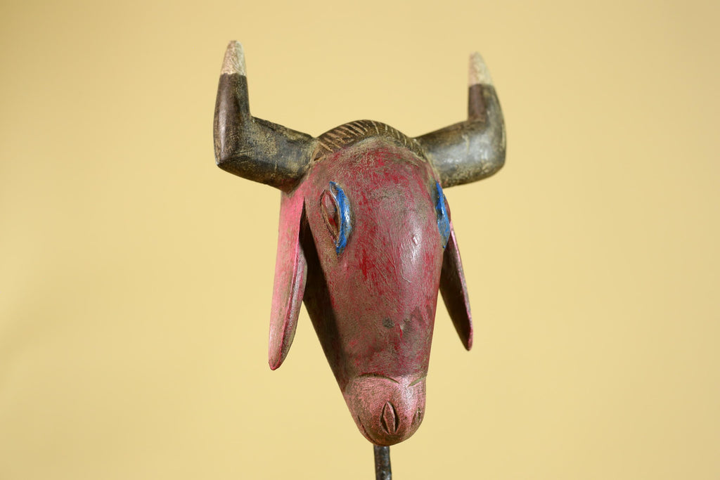 African Horned Animal Mask- Wooden Tribal Antelope Wall Art-G6213