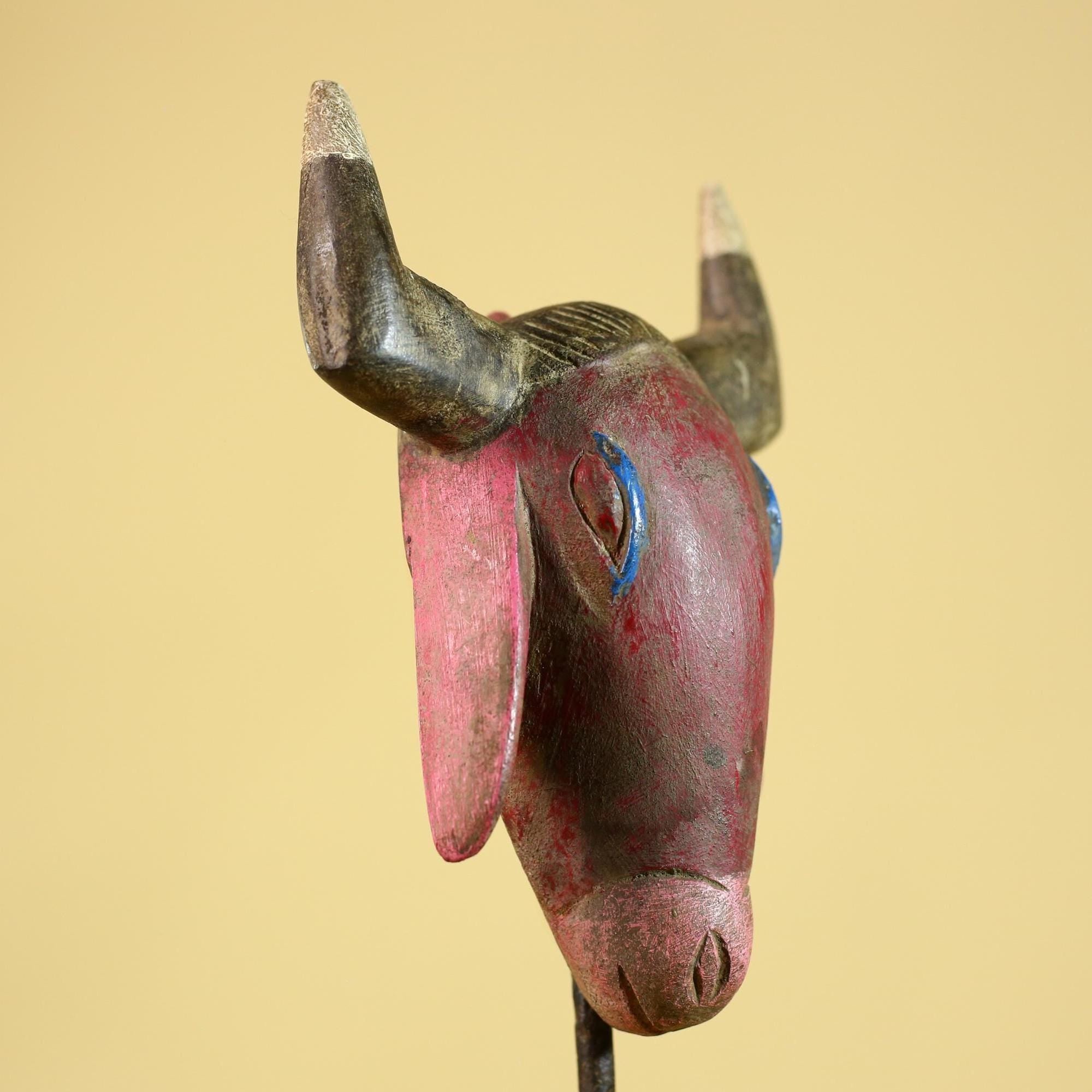 African Horned Animal Mask- Wooden Tribal Antelope Wall Art-G6213