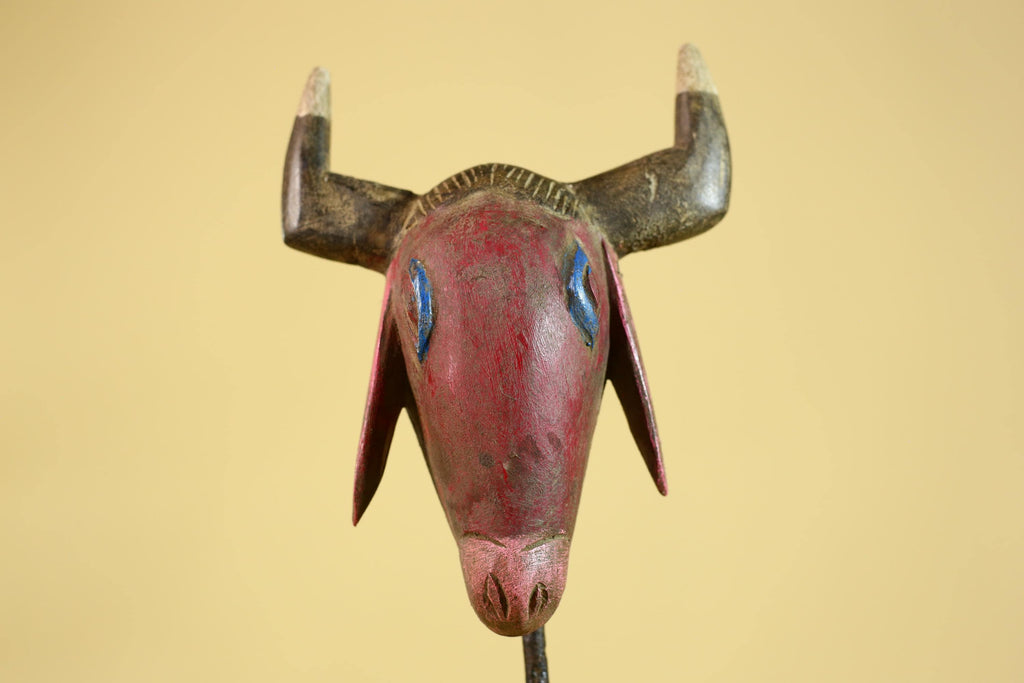 African Horned Animal Mask- Wooden Tribal Antelope Wall Art-G6213
