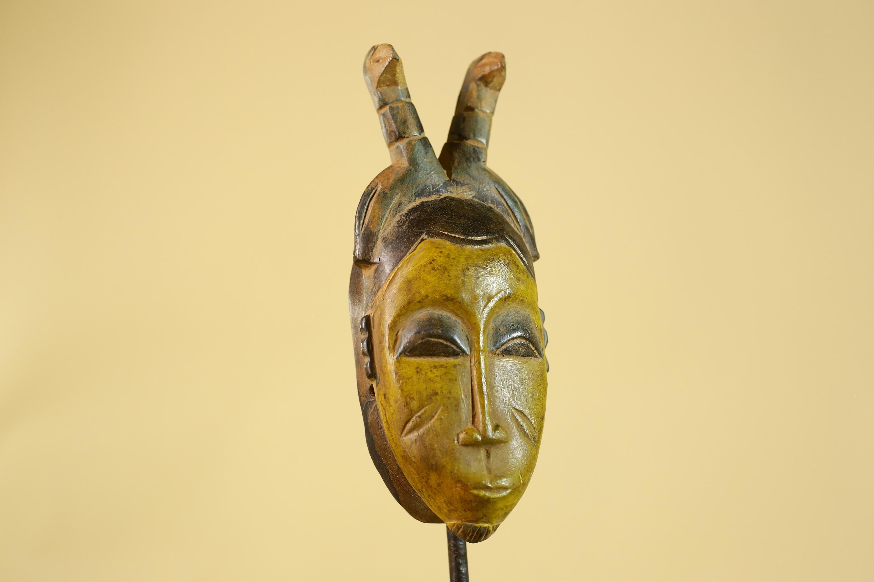 African Baule Horned Mask Wood Carving – West African Tribal Ritual Art-G6214