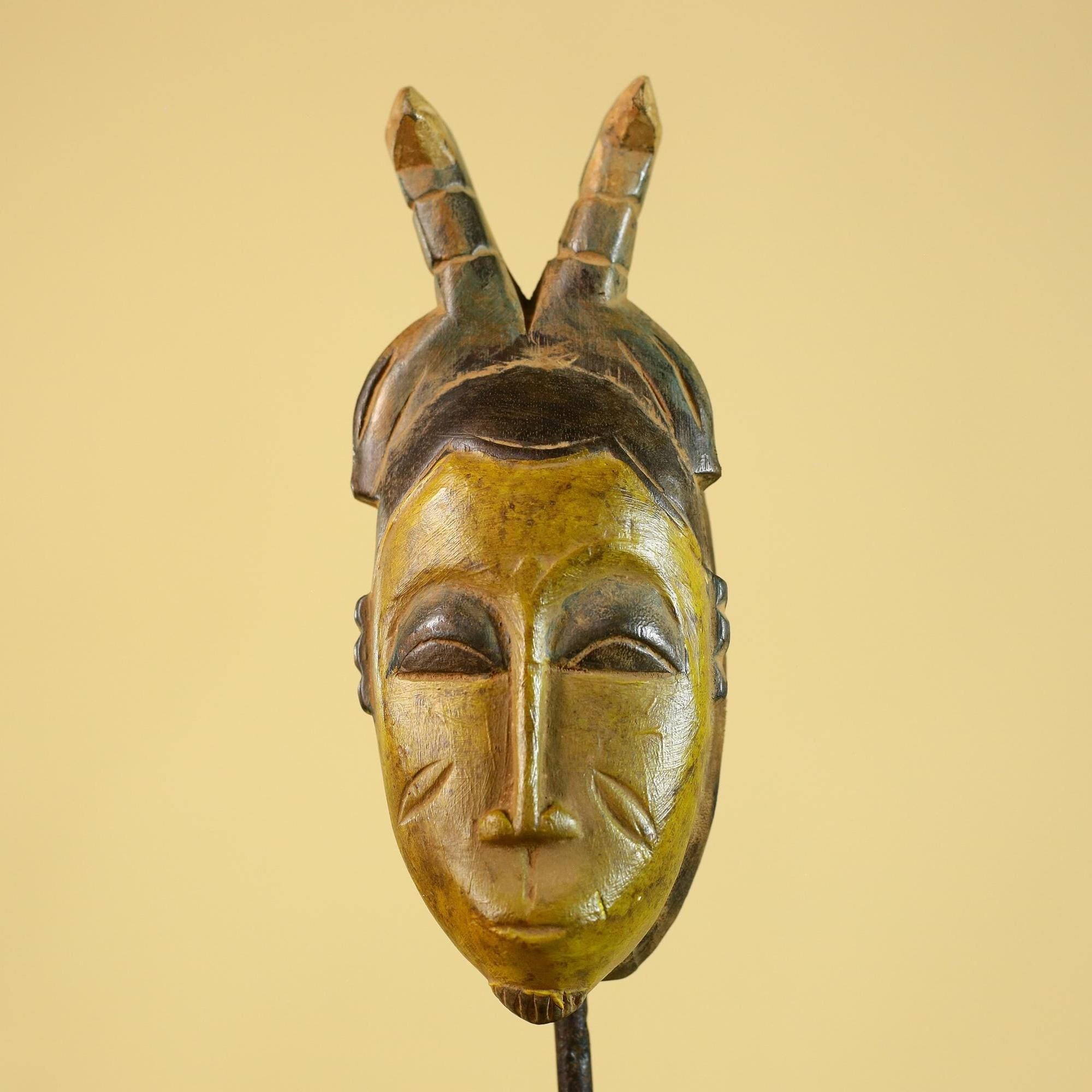 African Baule Horned Mask Wood Carving – West African Tribal Ritual Art-G6214