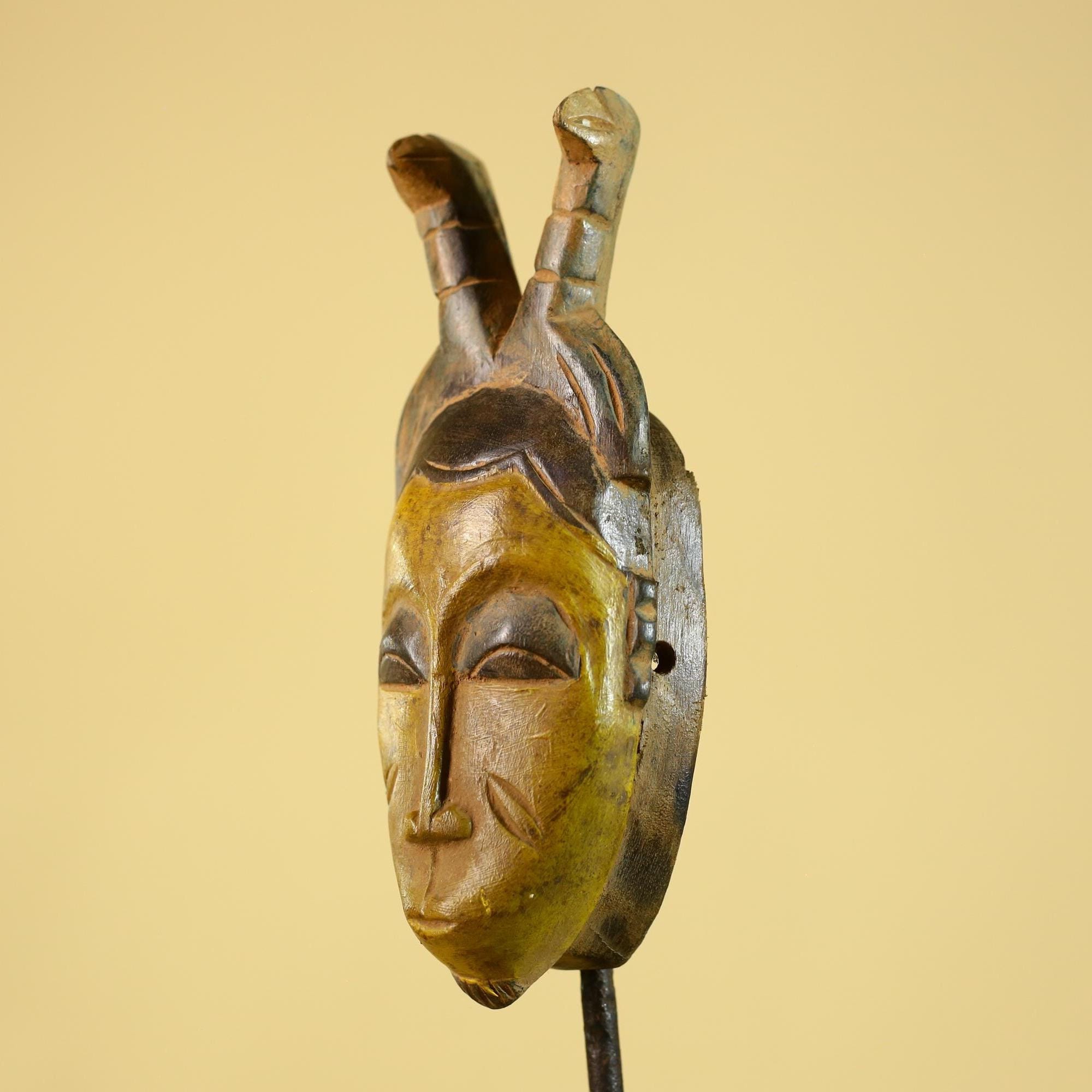 African Baule Horned Mask Wood Carving – West African Tribal Ritual Art-G6214