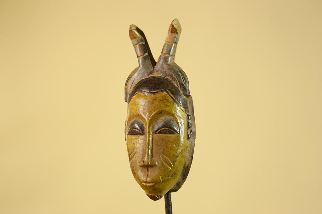 African Baule Horned Mask Wood Carving – West African Tribal Ritual Art-G6214