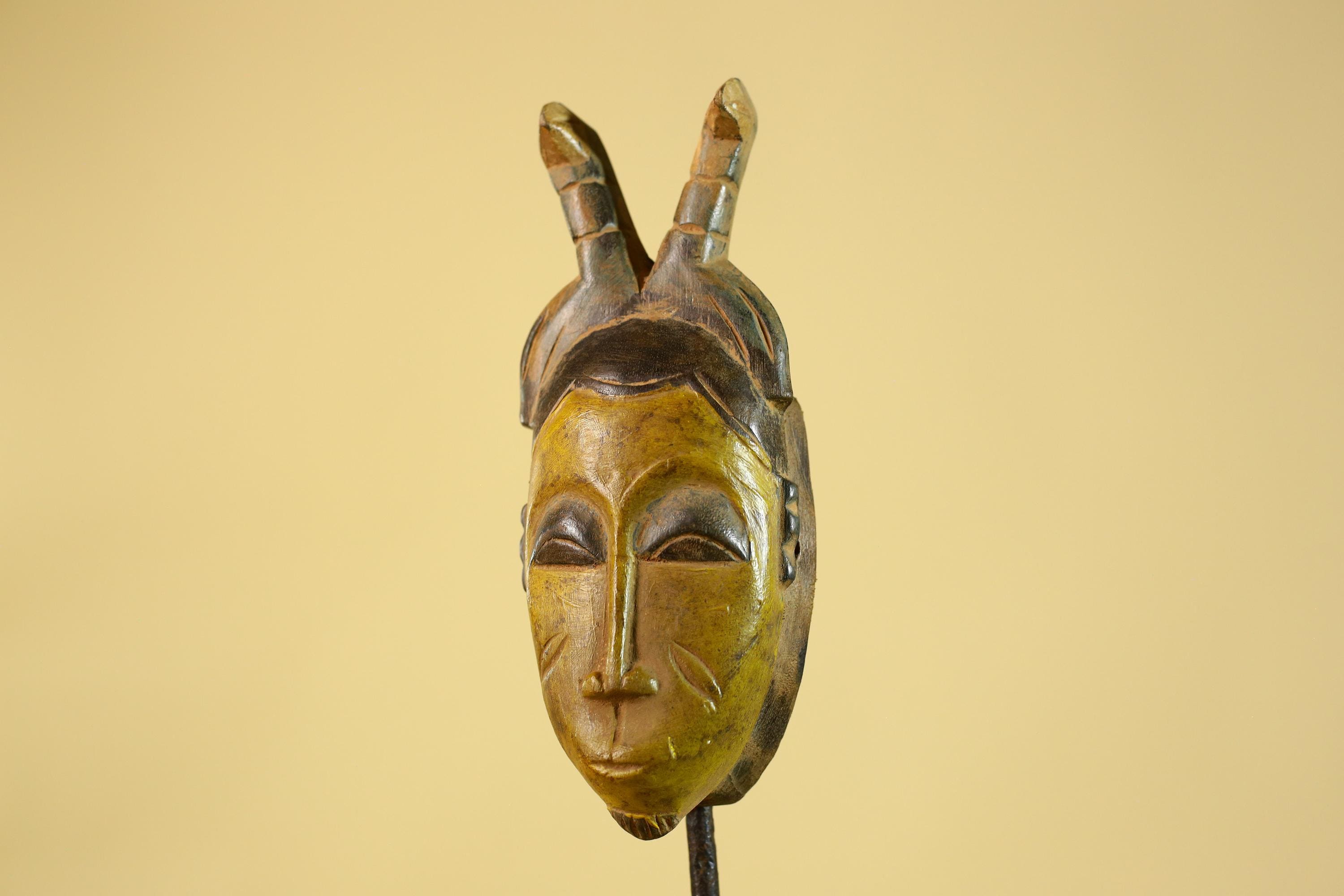 African Baule Horned Mask Wood Carving – West African Tribal Ritual Art-G6214