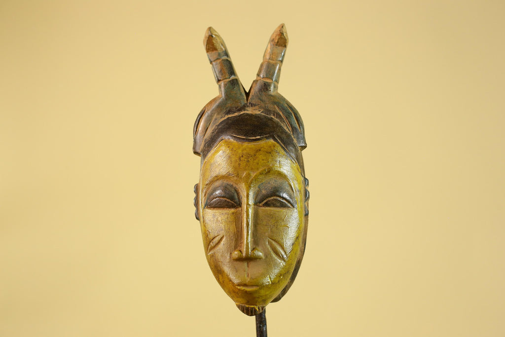 African Baule Horned Mask Wood Carving – West African Tribal Ritual Art-G6214
