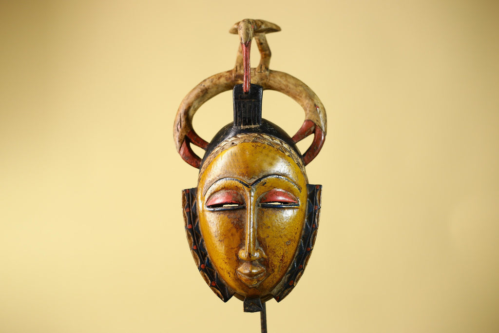 African Mask Baule Bird Crest Wooden cote d'ivoire Art Tribal Wall Decor-G6116