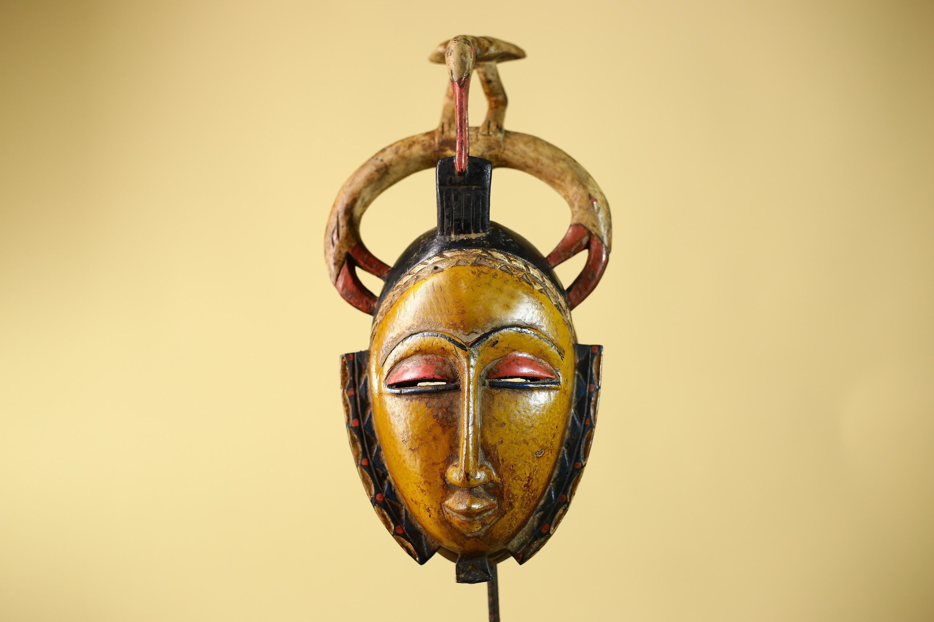 African Mask Baule Bird Crest Wooden cote d'ivoire Art Tribal Wall Decor-G6116