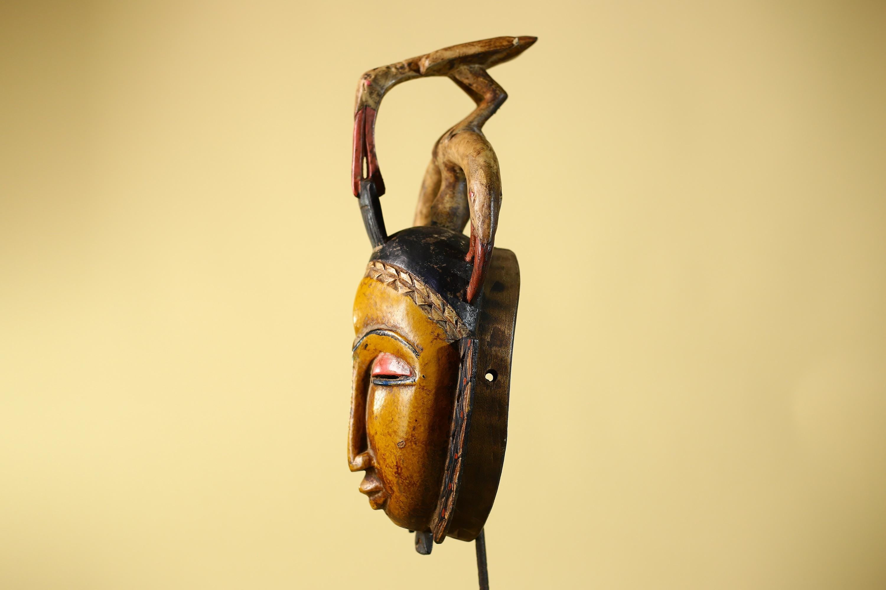 African Mask Baule Bird Crest Wooden cote d'ivoire Art Tribal Wall Decor-G6116