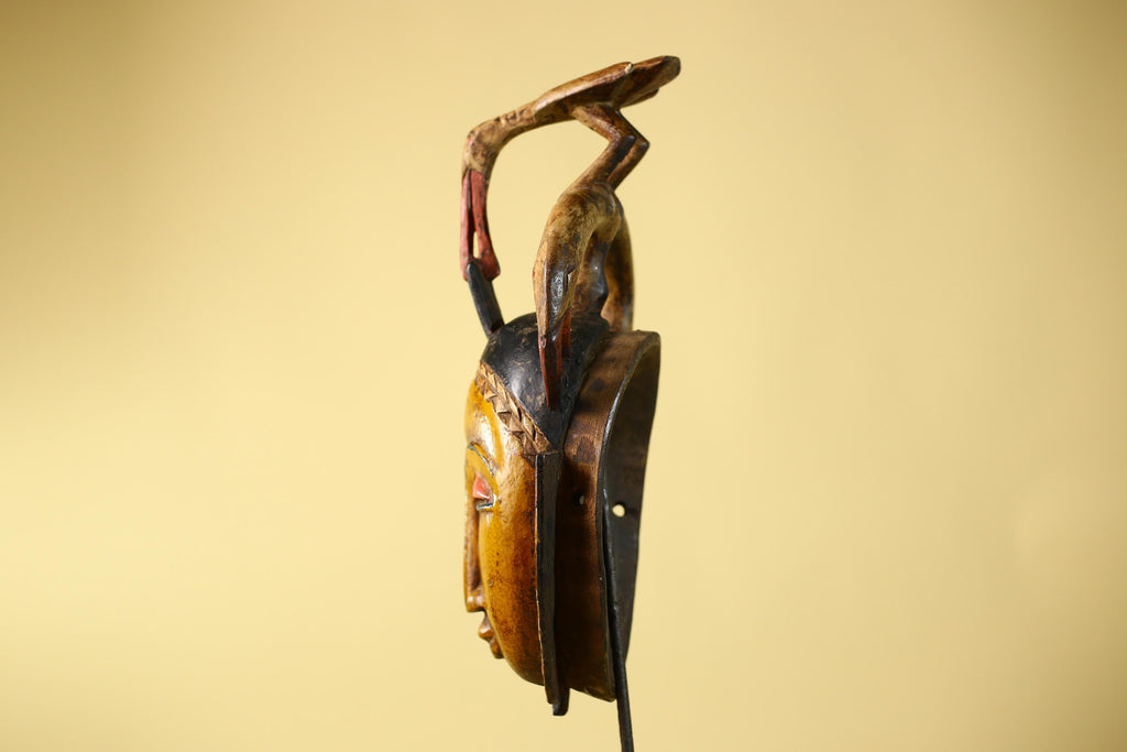 African Mask Baule Bird Crest Wooden cote d'ivoire Art Tribal Wall Decor-G6116