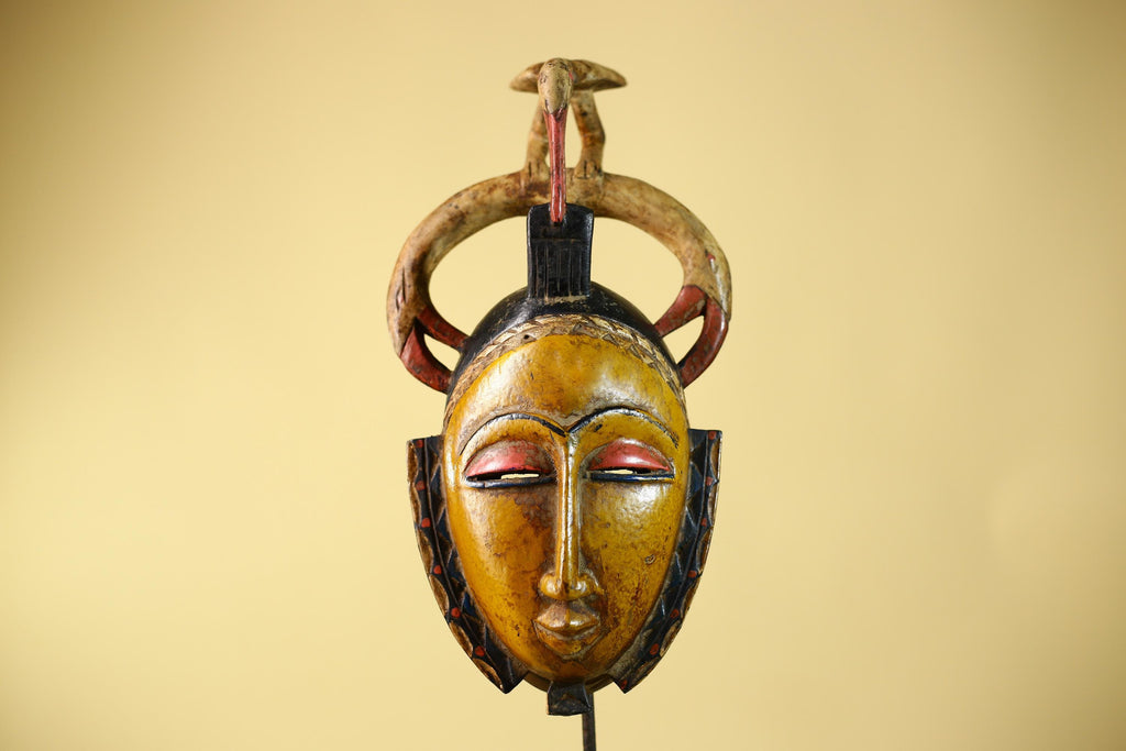African Mask Baule Bird Crest Wooden cote d'ivoire Art Tribal Wall Decor-G6116