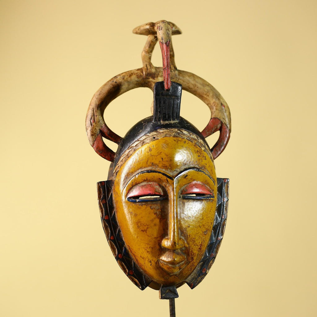 African Mask Baule Bird Crest Wooden cote d'ivoire Art Tribal Wall Decor-G6116