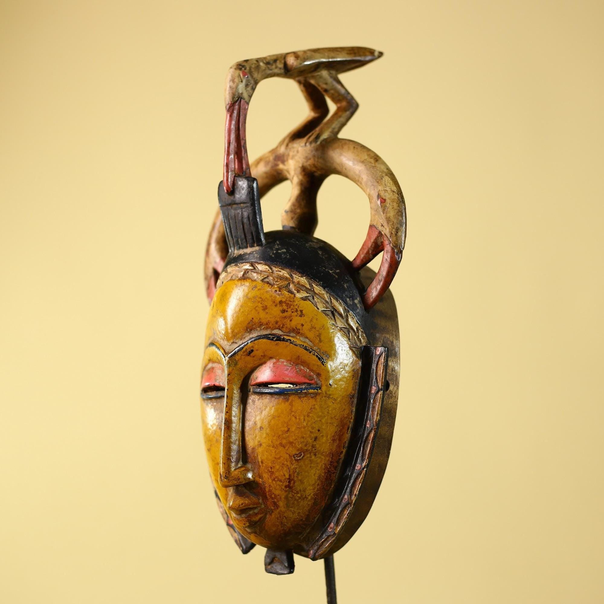 African Mask Baule Bird Crest Wooden cote d'ivoire Art Tribal Wall Decor-G6116