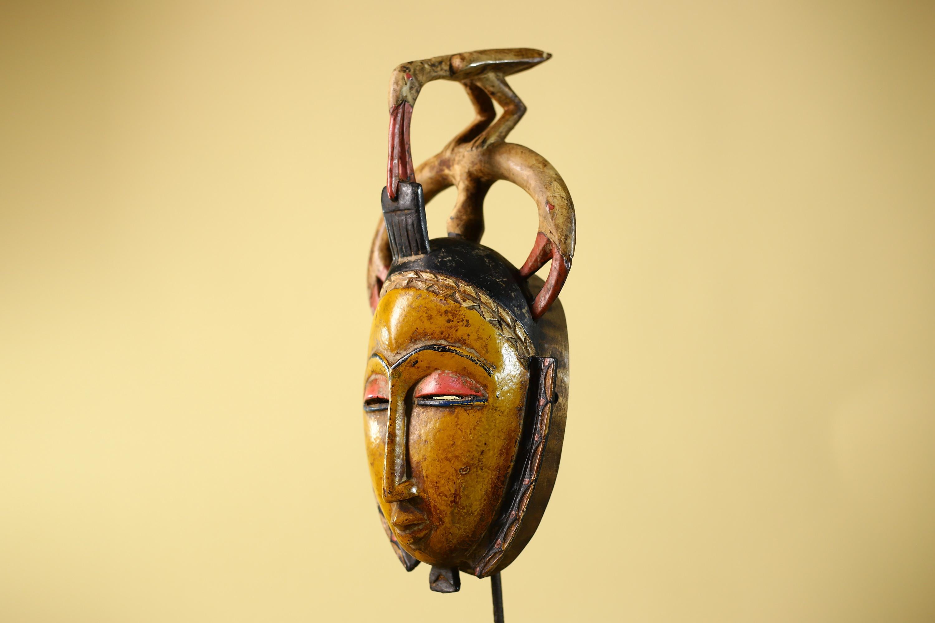 African Mask Baule Bird Crest Wooden cote d'ivoire Art Tribal Wall Decor-G6116