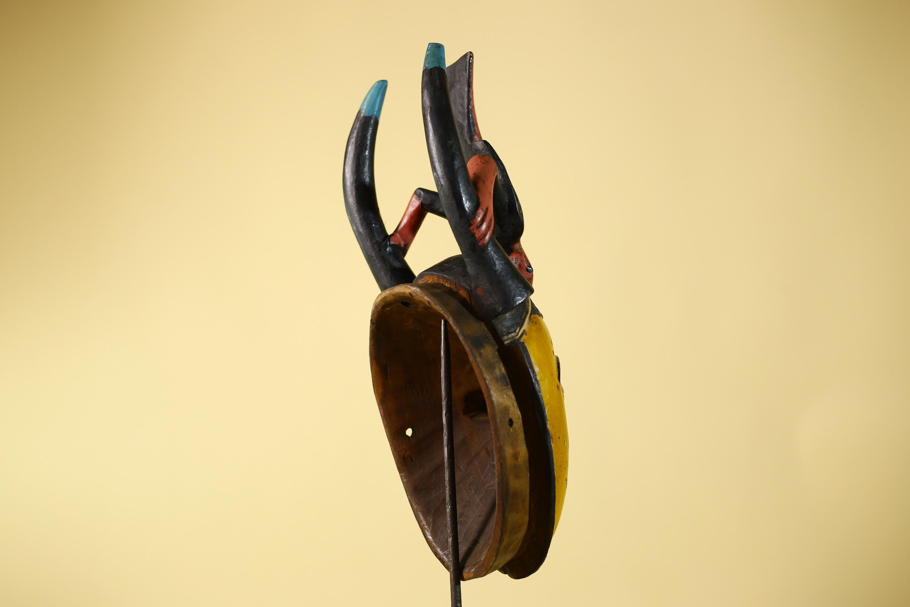 African Mask Baule Horned Crest Wooden Art Tribal Wall Decor-G6117