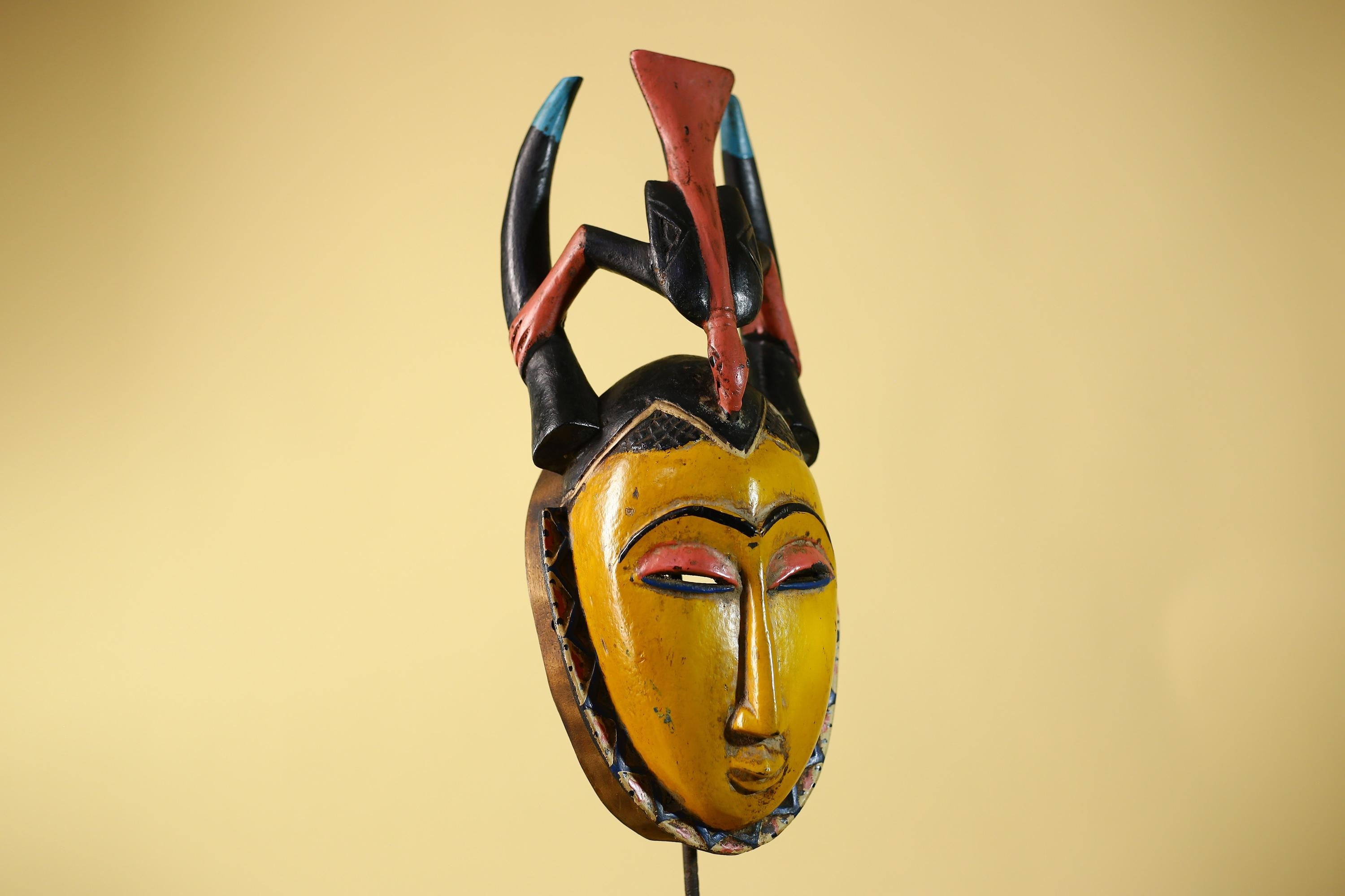 African Mask Baule Horned Crest Wooden Art Tribal Wall Decor-G6117