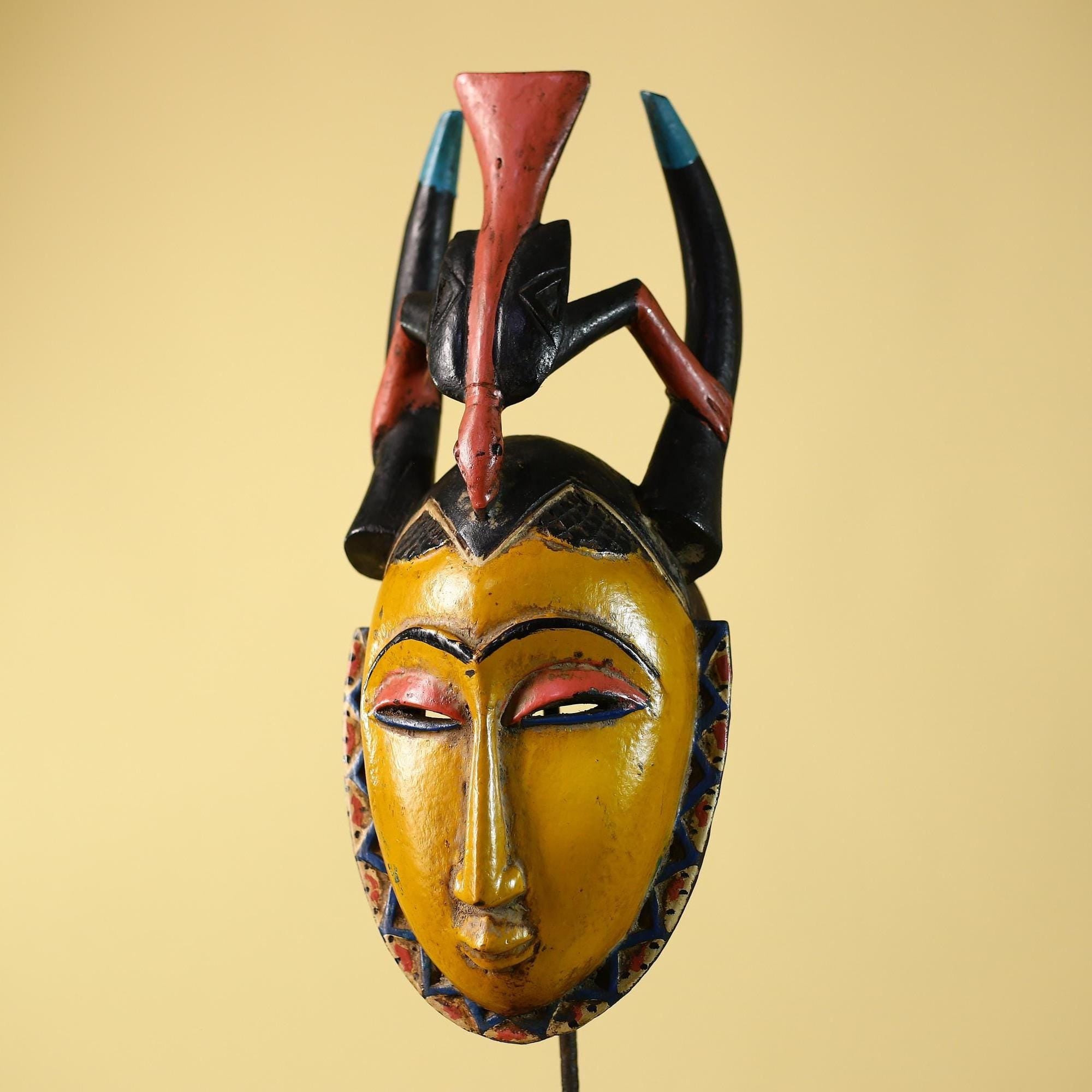 African Mask Baule Horned Crest Wooden Art Tribal Wall Decor-G6117
