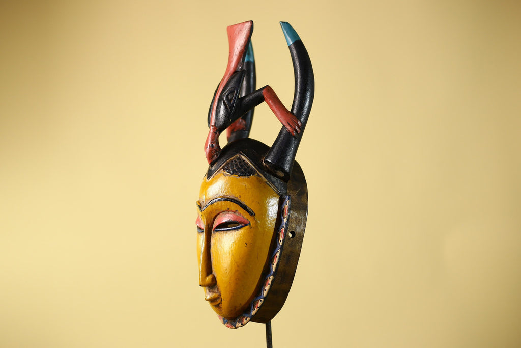 African Mask Baule Horned Crest Wooden Art Tribal Wall Decor-G6117