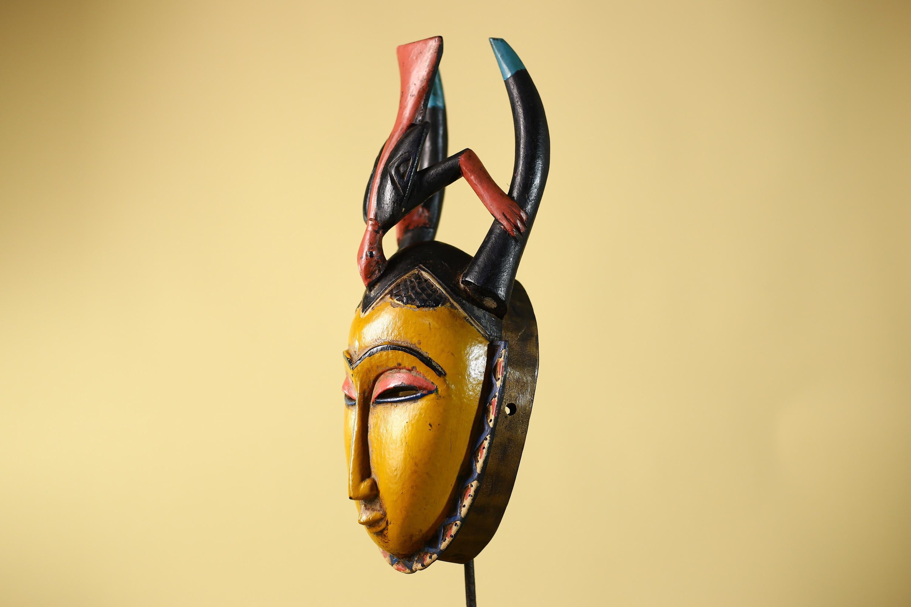 African Mask Baule Horned Crest Wooden Art Tribal Wall Decor-G6117