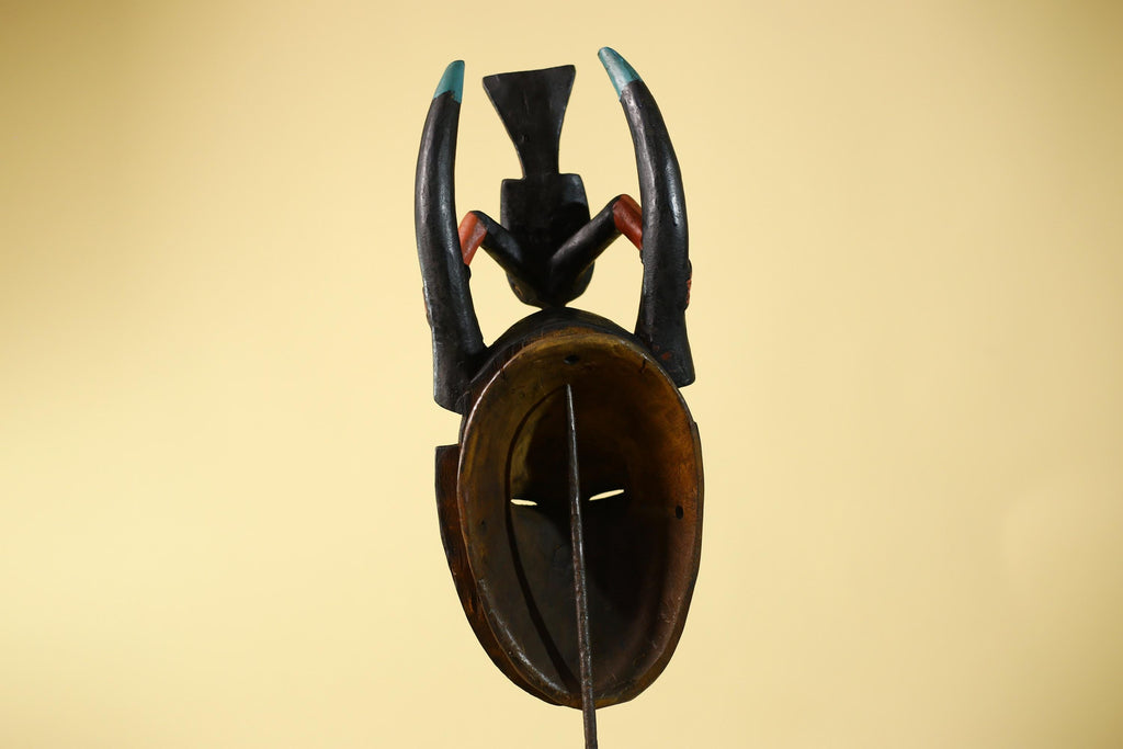 African Mask Baule Horned Crest Wooden Art Tribal Wall Decor-G6117